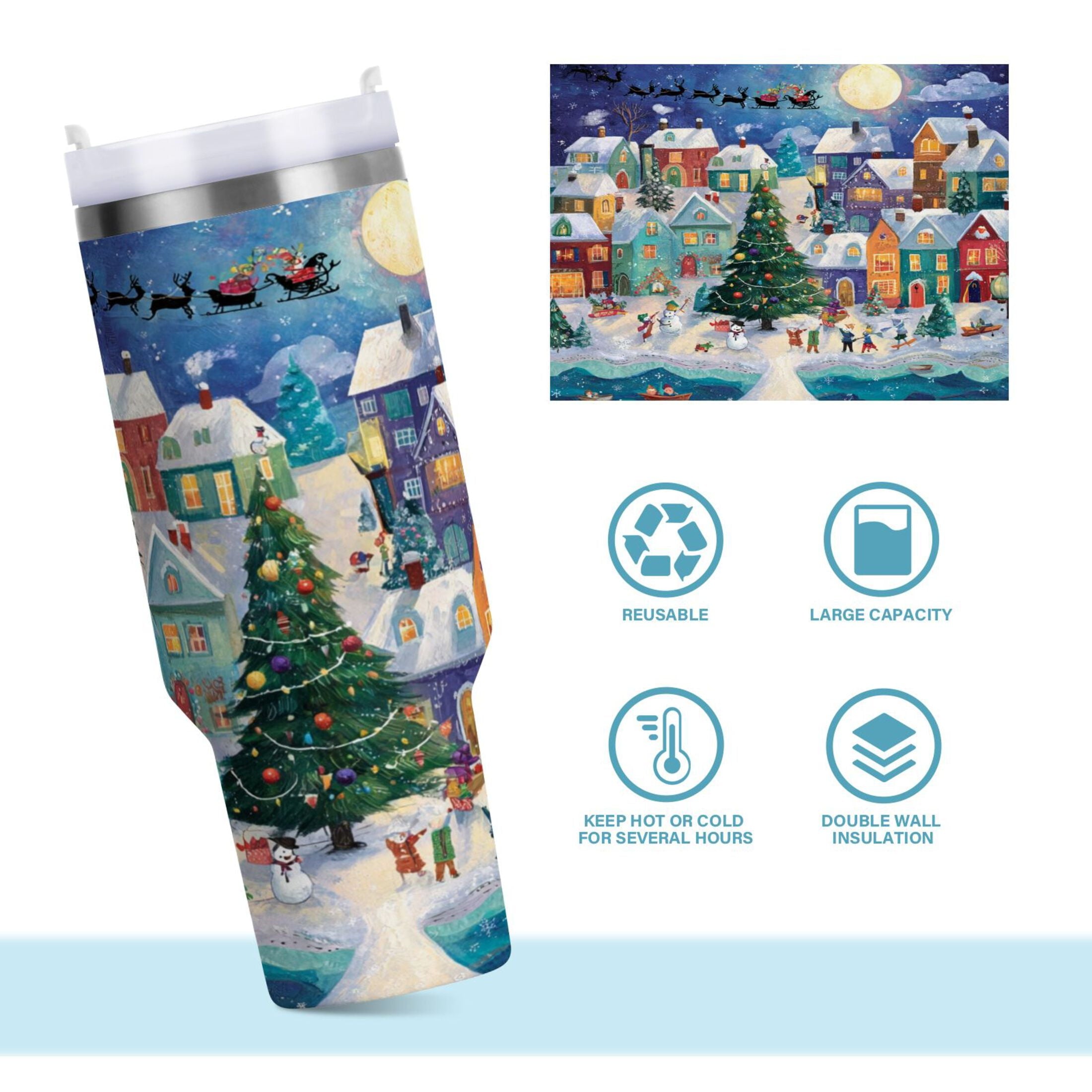30 oz Insulated Stainless Steel Tumbler Double Wall Stainless Steel Tumbler with 2-Way Drinking Charming Christmas Scene NK9A