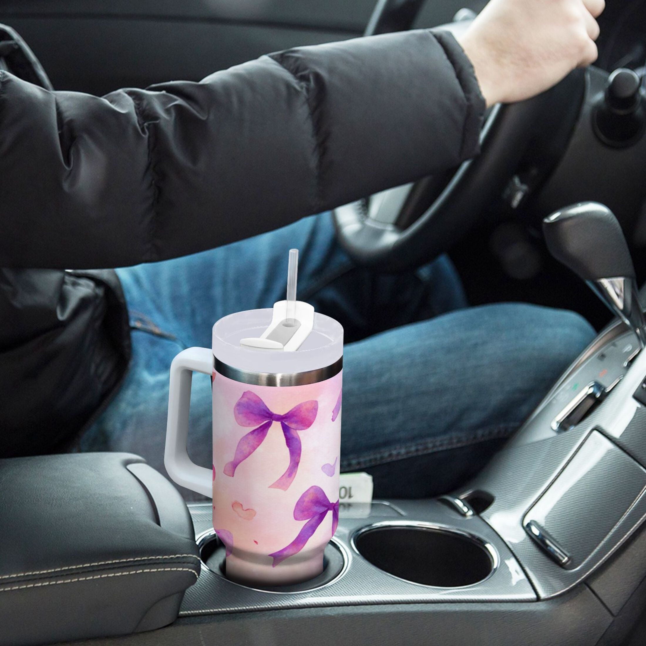30 oz Insulated Stainless Steel Tumbler Double Wall Stainless Steel Tumbler with 2-Way Drinking Watercolor Purple Bows 8FWE