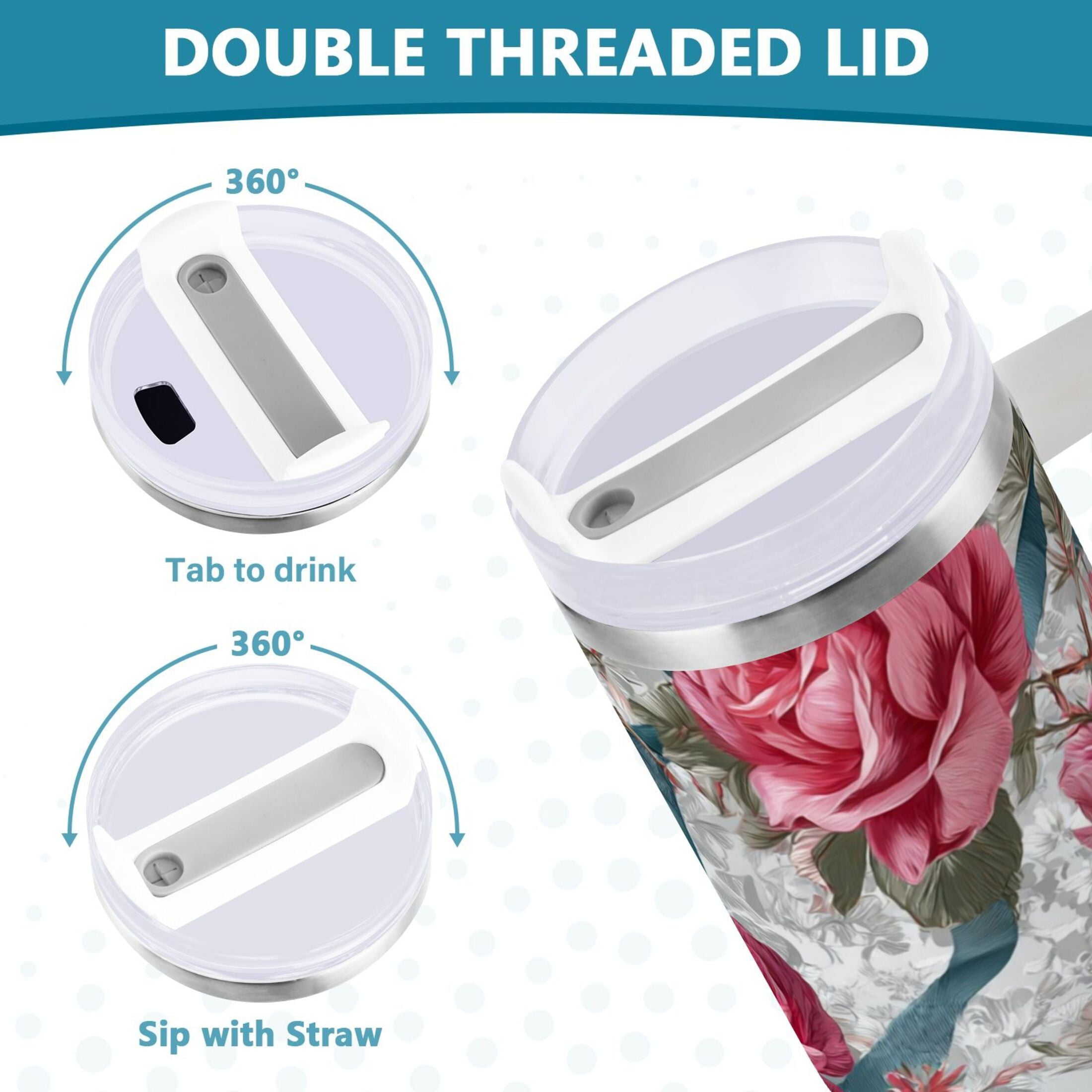 30 oz Insulated Stainless Steel Tumbler Double Wall Stainless Steel Tumbler with 2-Way Drinking Roses and Ribbons R2S9