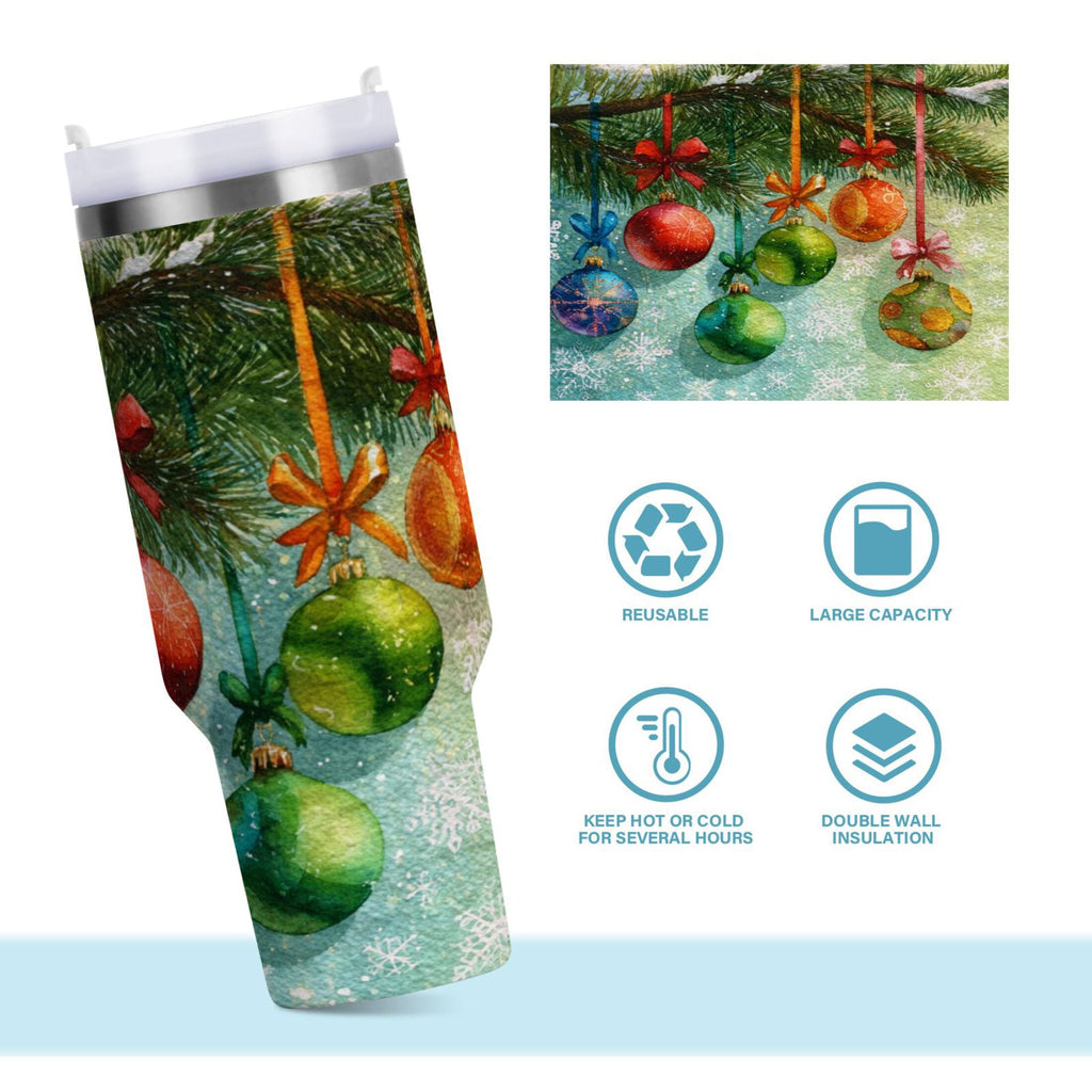 30 oz Insulated Stainless Steel Tumbler Double Wall Stainless Steel Tumbler with 2-Way Drinking Christmas Ornaments Watercolor Painting 3YZI