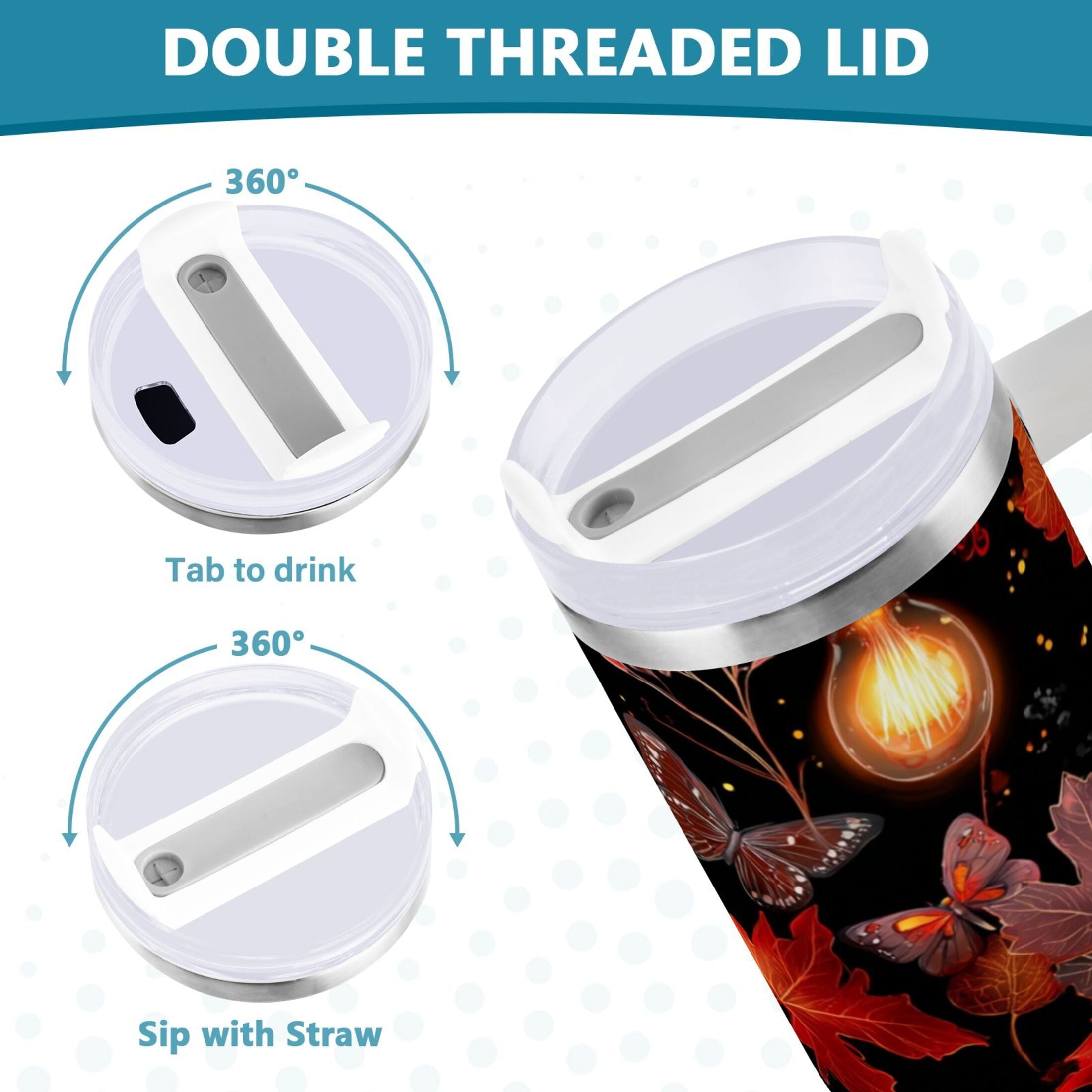 40 oz Insulated Stainless Steel Tumbler Double Wall Stainless Steel Tumbler with 2-Way Drinking Light Bulbs and Maple Leaves QSGM