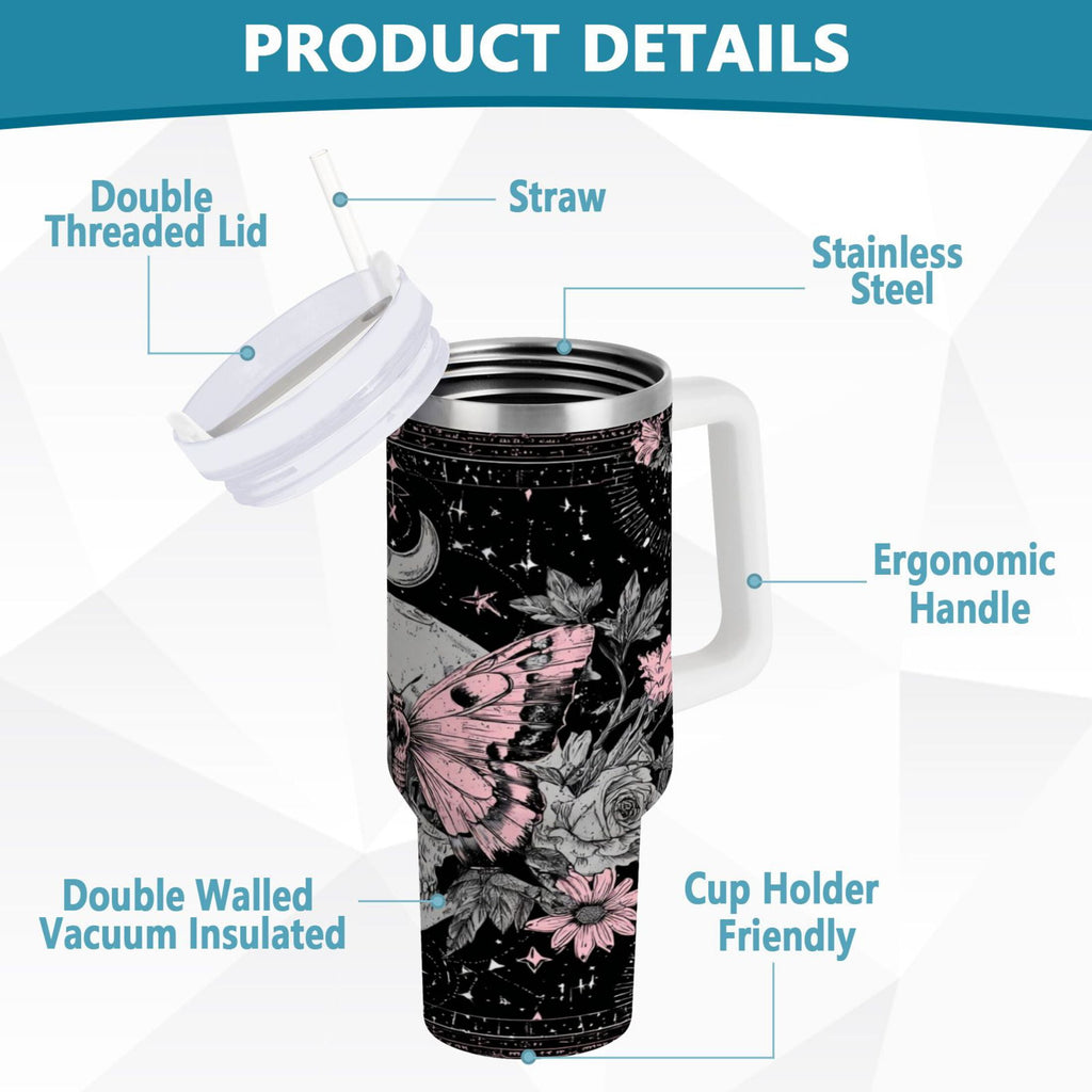 30 oz Insulated Stainless Steel Tumbler Double Wall Stainless Steel Tumbler with 2-Way Drinking Butterfly by Moon and Flowers 8DPL