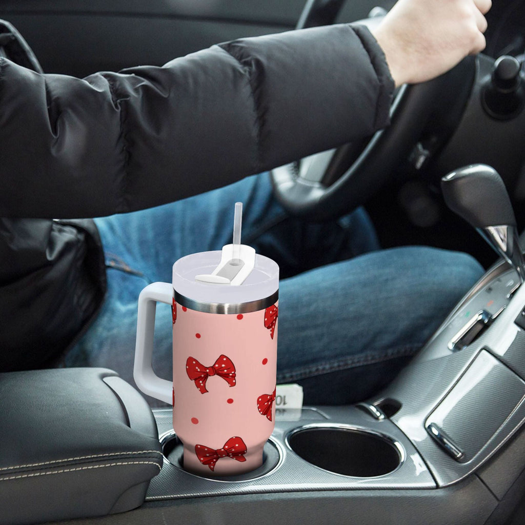 40 oz Insulated Stainless Steel Tumbler Double Wall Stainless Steel Tumbler with 2-Way Drinking Red Bows and Polka Dots MJAG