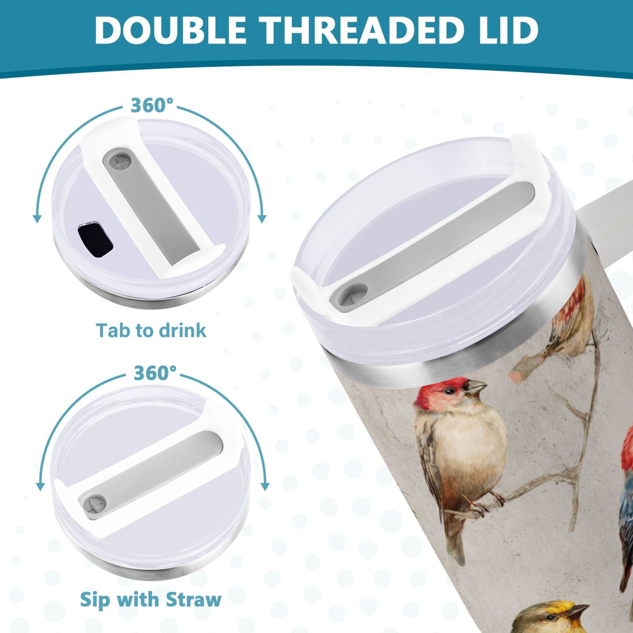 40 oz Insulated Stainless Steel Tumbler Double Wall Stainless Steel Tumbler with 2-Way Drinking Birds Pattern E1TV