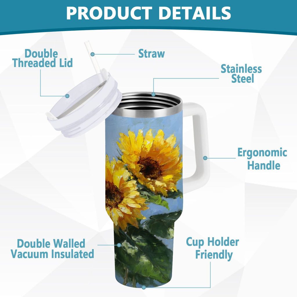 40 oz Insulated Stainless Steel Tumbler Double Wall Stainless Steel Tumbler with 2-Way Drinking Sunflowers Painting 792M