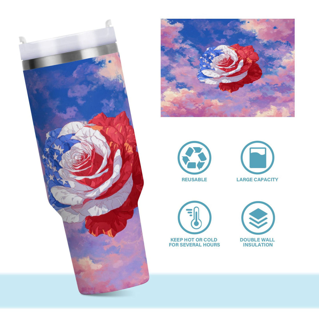 30 oz Insulated Stainless Steel Tumbler Double Wall Stainless Steel Tumbler with 2-Way Drinking Rose with Flag Pattern PENC