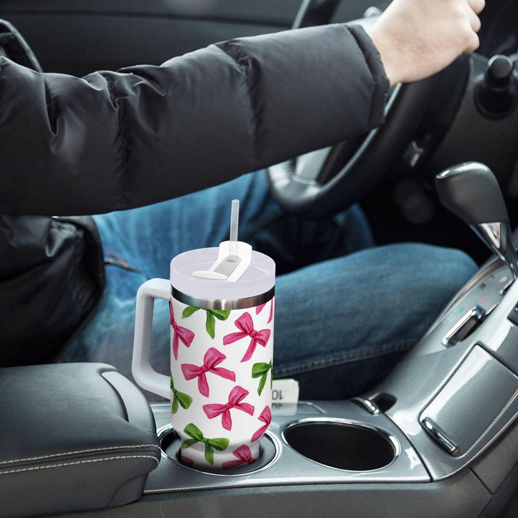 30 oz Insulated Stainless Steel Tumbler Double Wall Stainless Steel Tumbler with 2-Way Drinking Pink Bows and Green Ribbons QIXB