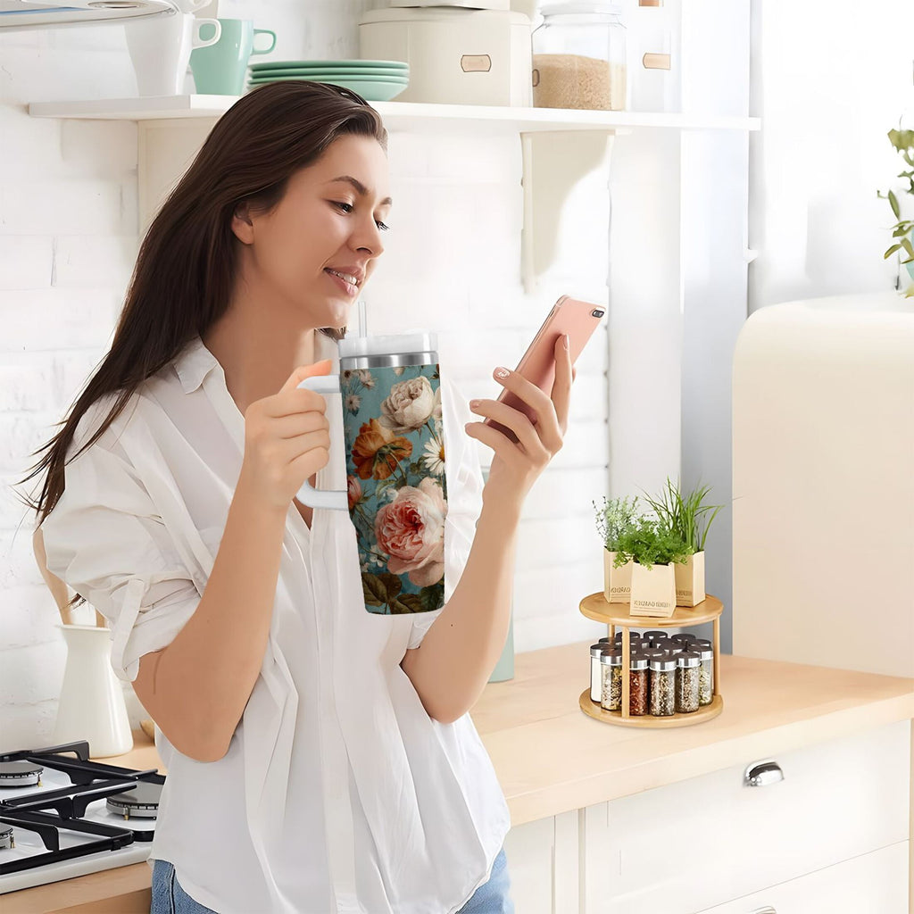 30 oz Insulated Stainless Steel Tumbler Double Wall Stainless Steel Tumbler with 2-Way Drinking Vintage Roses and Peonies OV8B