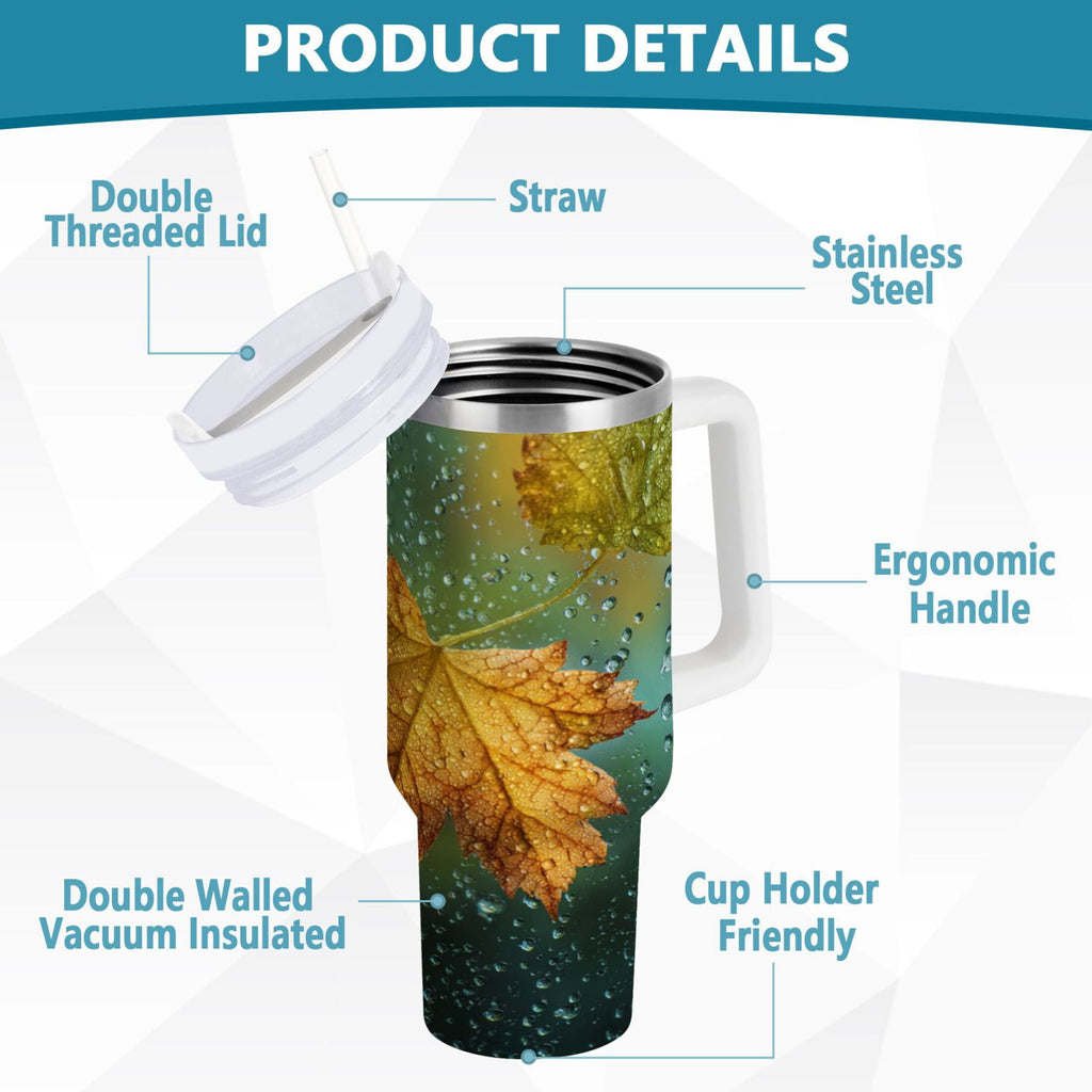 30 oz Insulated Stainless Steel Tumbler Double Wall Stainless Steel Tumbler with 2-Way Drinking Leaves with Water Droplets CYU6