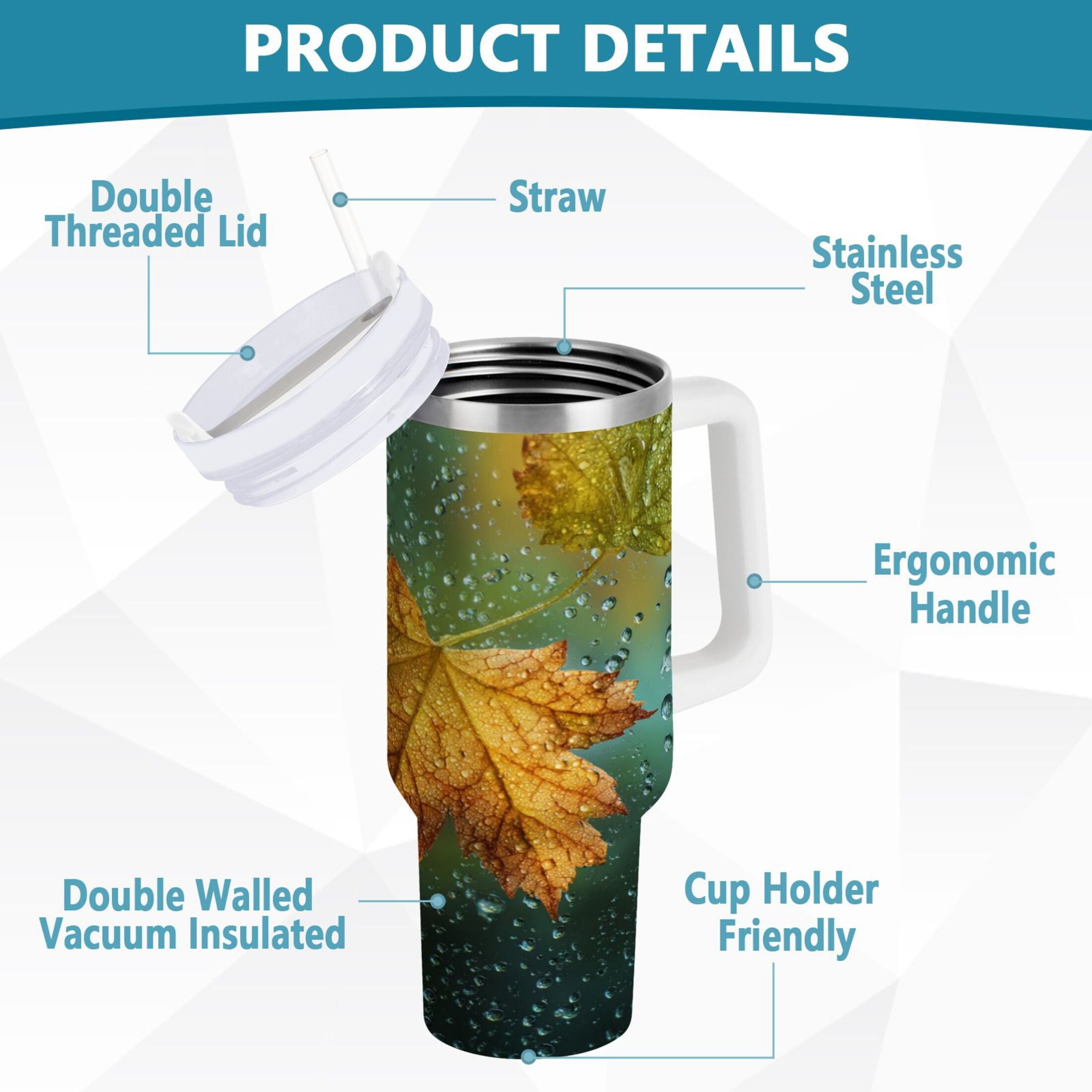 30 oz Insulated Stainless Steel Tumbler Double Wall Stainless Steel Tumbler with 2-Way Drinking Leaves with Water Droplets CYU6