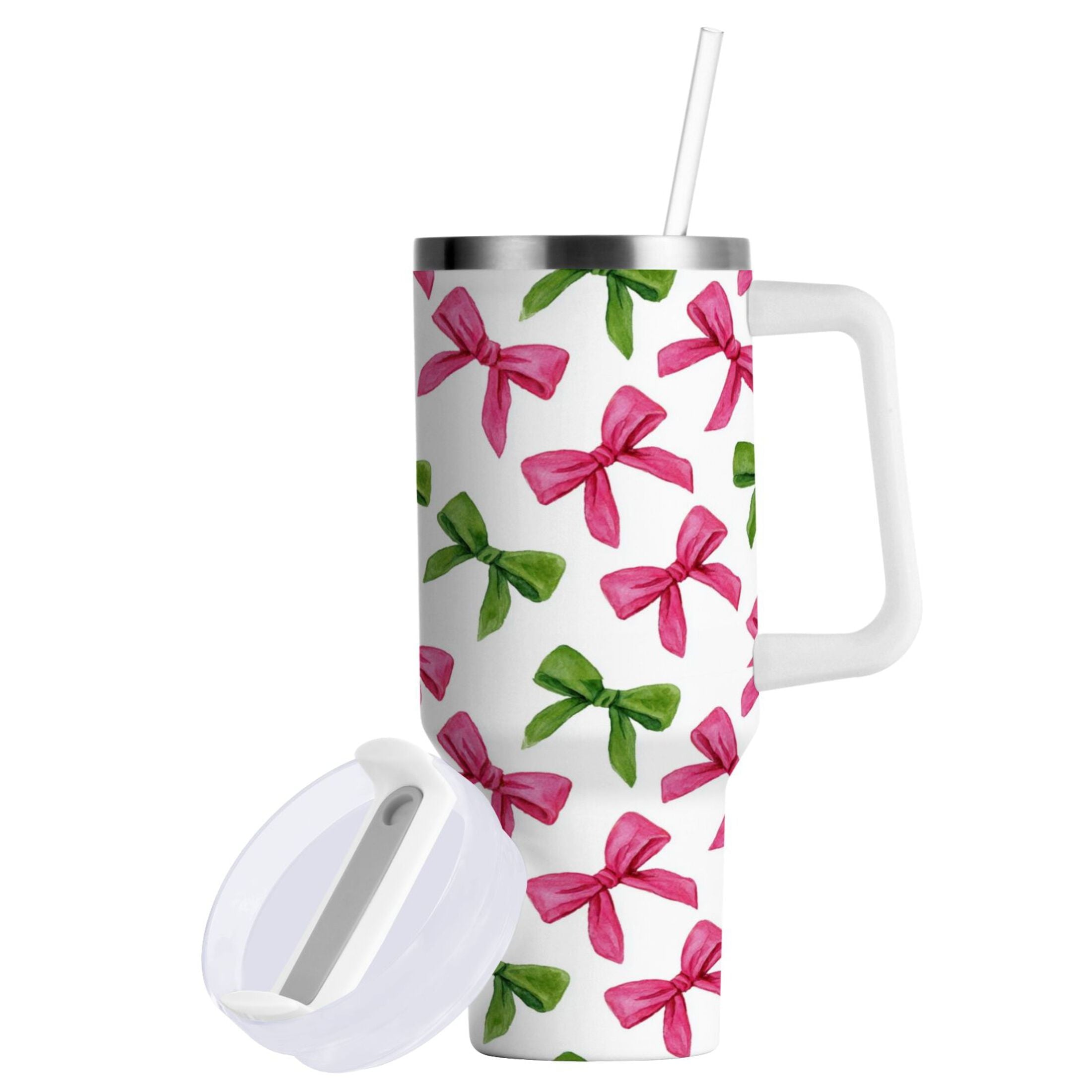 30 oz Insulated Stainless Steel Tumbler Double Wall Stainless Steel Tumbler with 2-Way Drinking Pink Bows and Green Ribbons QIXB