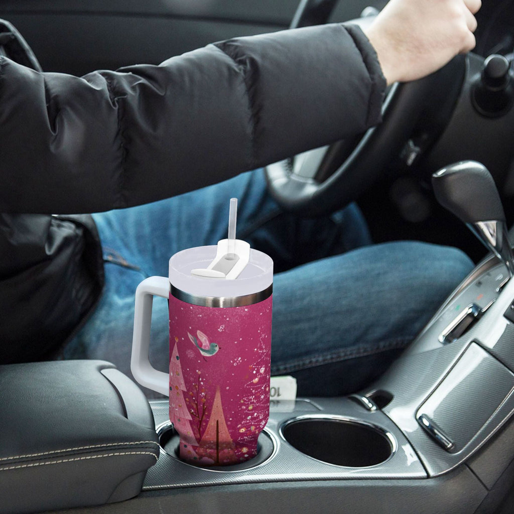 40 oz Insulated Stainless Steel Tumbler Double Wall Stainless Steel Tumbler with 2-Way Drinking Pink Christmas Forest K92E