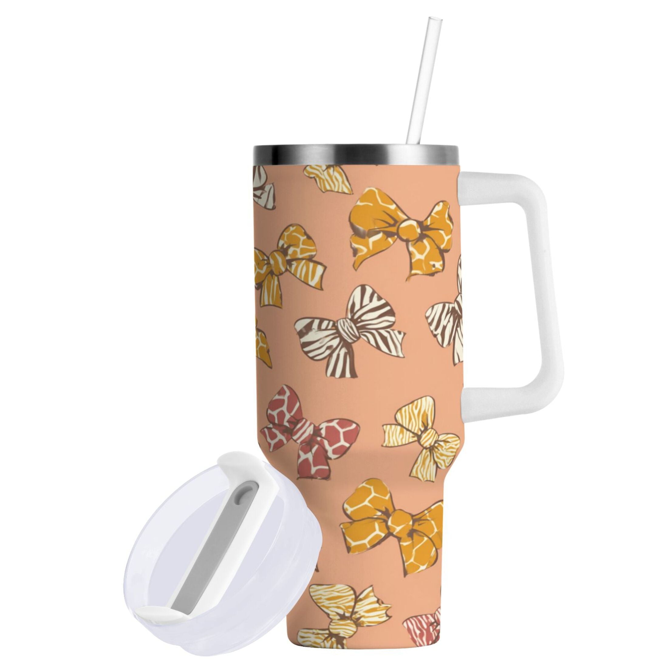 40 oz Insulated Stainless Steel Tumbler Double Wall Stainless Steel Tumbler with 2-Way Drinking Cute Animal Print Bows BOBH