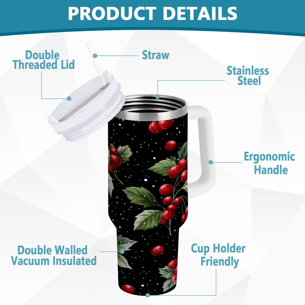 40 oz Insulated Stainless Steel Tumbler Double Wall Stainless Steel Tumbler with 2-Way Drinking Red Holly Berries Pattern JL9Z
