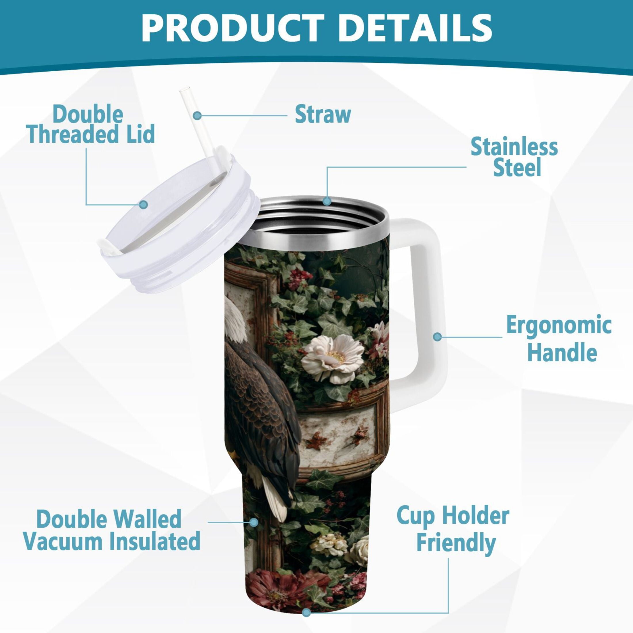 30 oz Insulated Stainless Steel Tumbler Double Wall Stainless Steel Tumbler with 2-Way Drinking Wreath and Bald Eagle C5SG