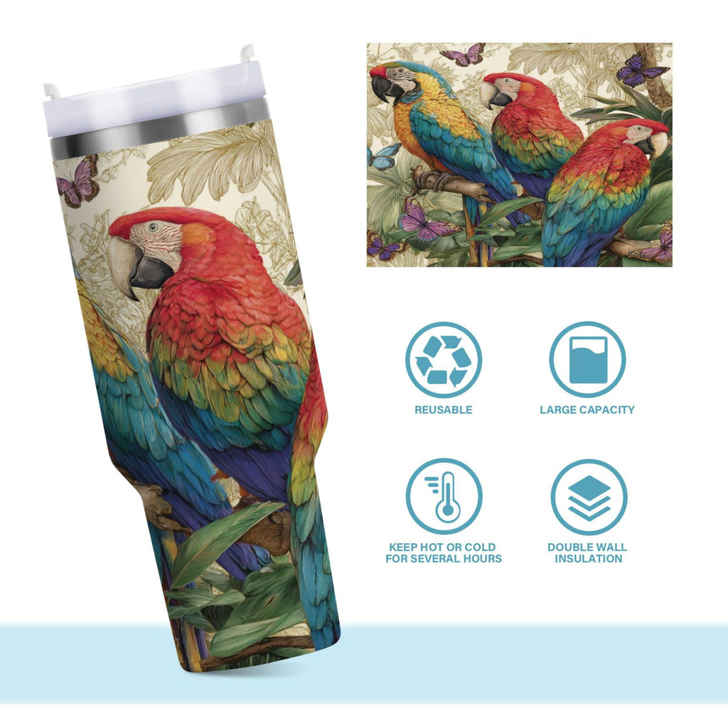 30 oz Insulated Stainless Steel Tumbler Double Wall Stainless Steel Tumbler with 2-Way Drinking Colorful Beautiful Parrots TFBZ