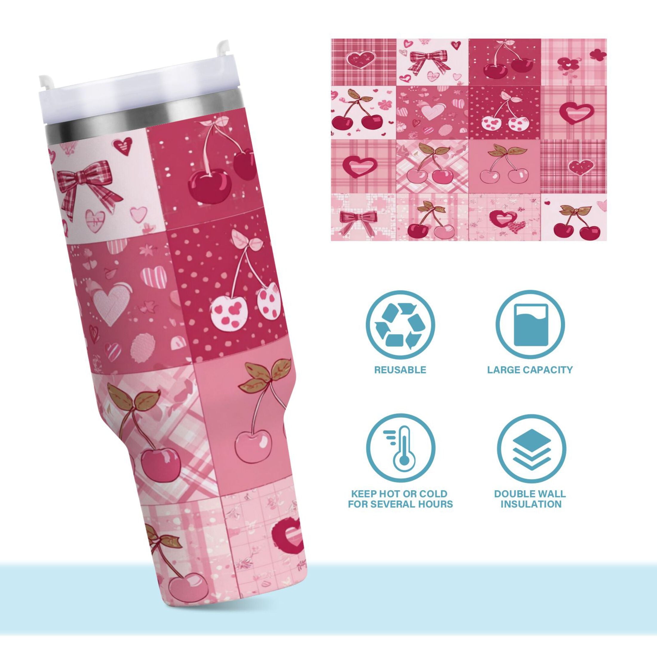 30 oz Insulated Stainless Steel Tumbler Double Wall Stainless Steel Tumbler with 2-Way Drinking Cherry Pattern with Bows 6QVE