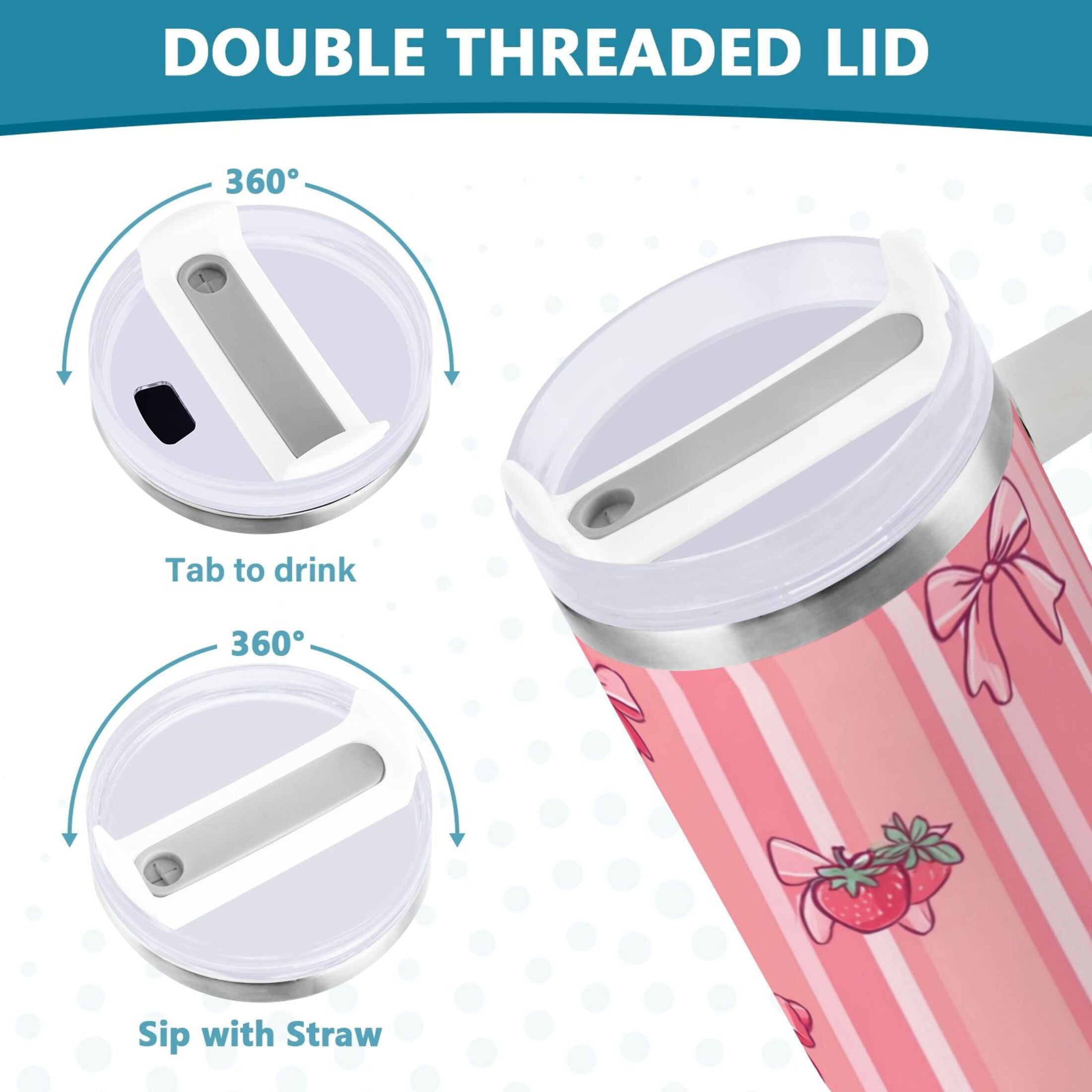 30 oz Insulated Stainless Steel Tumbler Double Wall Stainless Steel Tumbler with 2-Way Drinking Pink Bows and Strawberries KRQA