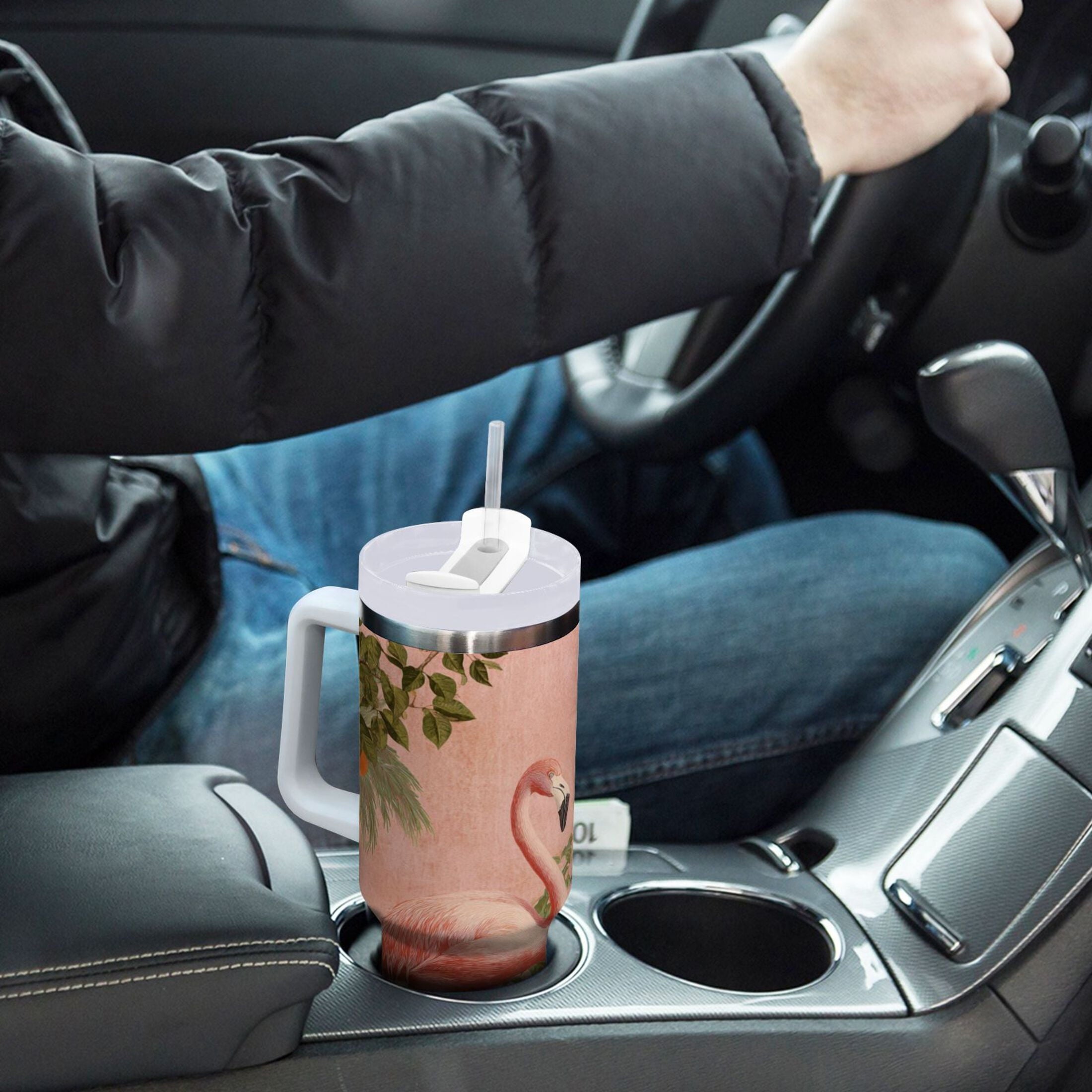 40 oz Insulated Stainless Steel Tumbler Double Wall Stainless Steel Tumbler with 2-Way Drinking Flamingos in Tropical Garden EDBC