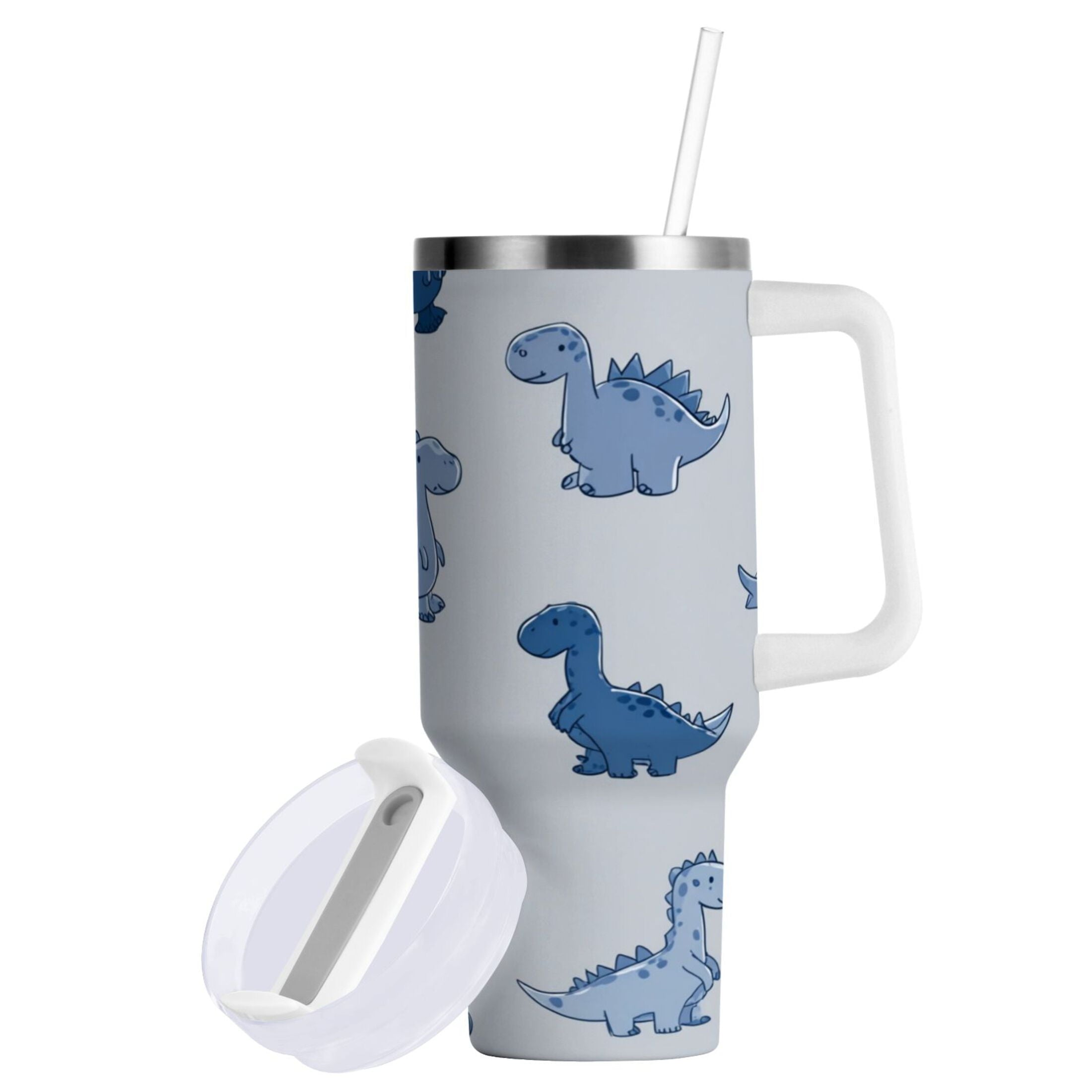 30 oz Insulated Stainless Steel Tumbler Double Wall Stainless Steel Tumbler with 2-Way Drinking Cute Blue Dinosaurs F4LR