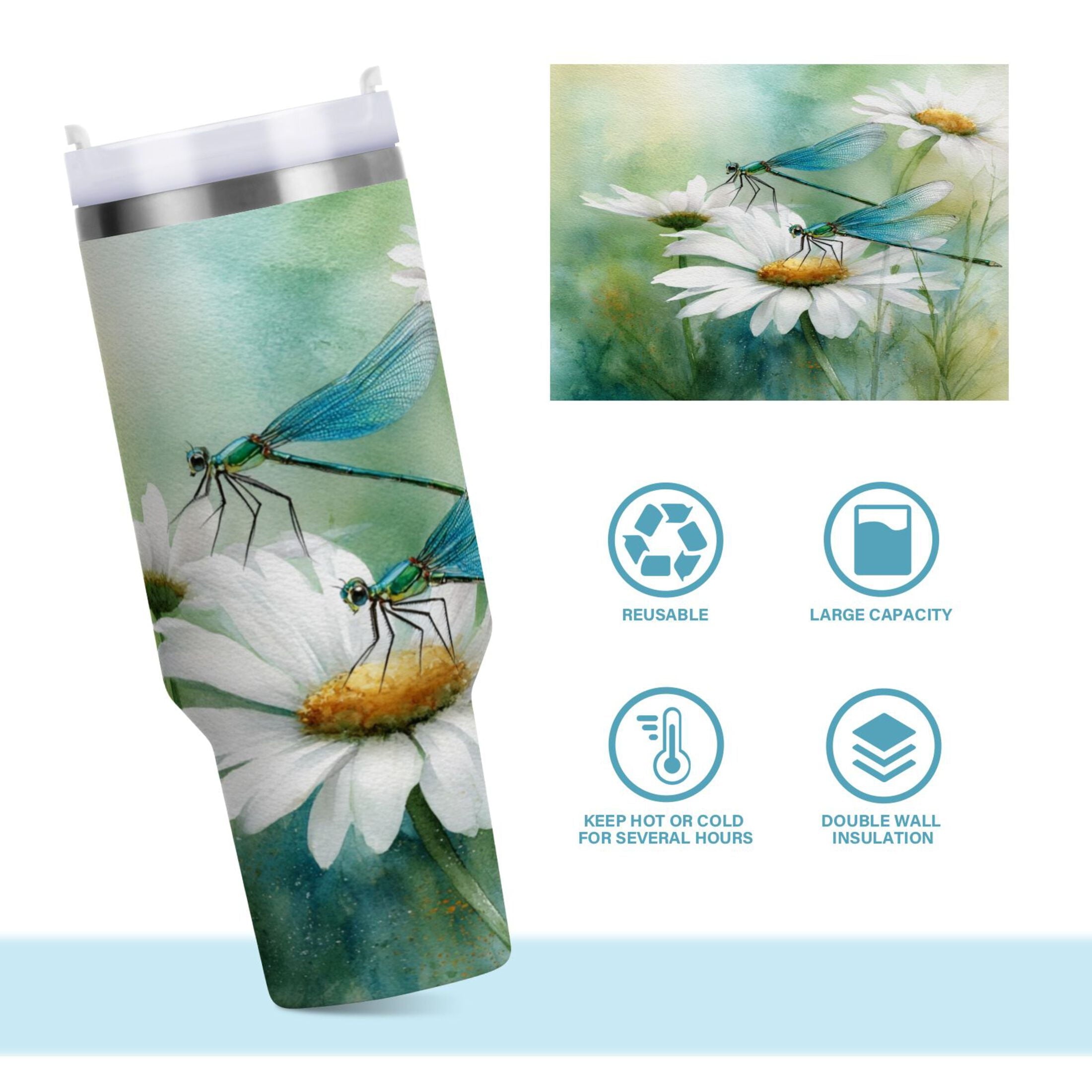 30 oz Insulated Stainless Steel Tumbler Double Wall Stainless Steel Tumbler with 2-Way Drinking Beautiful Dragonflies and Daisies SCEJ