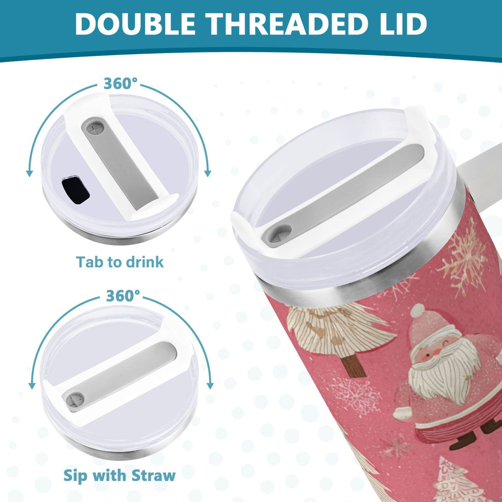 40 oz Insulated Stainless Steel Tumbler Double Wall Stainless Steel Tumbler with 2-Way Drinking Pink Santa Claus Pattern 4N9I