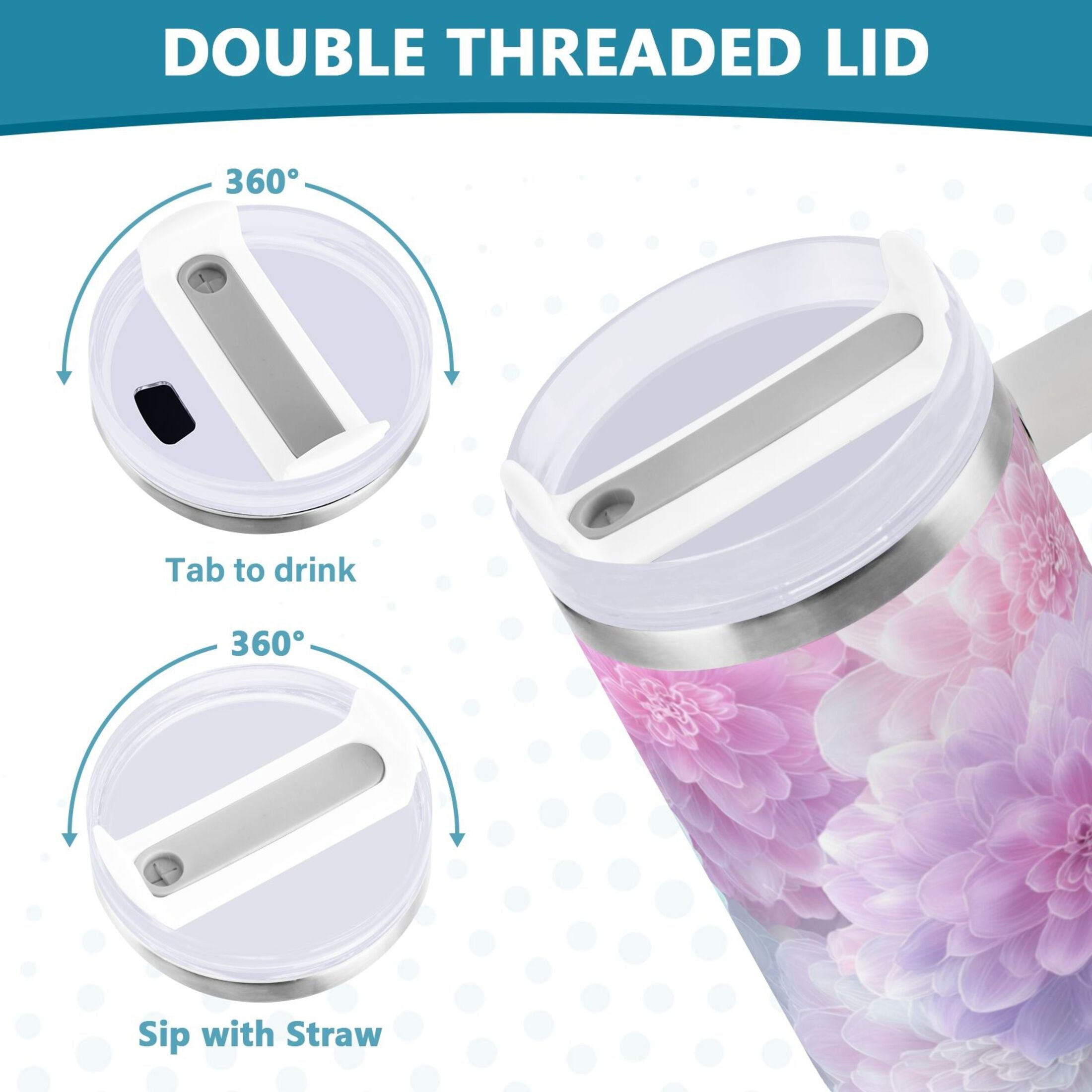 30 oz Insulated Stainless Steel Tumbler Double Wall Stainless Steel Tumbler with 2-Way Drinking Cute Pastel Watercolor Floral 4SBH