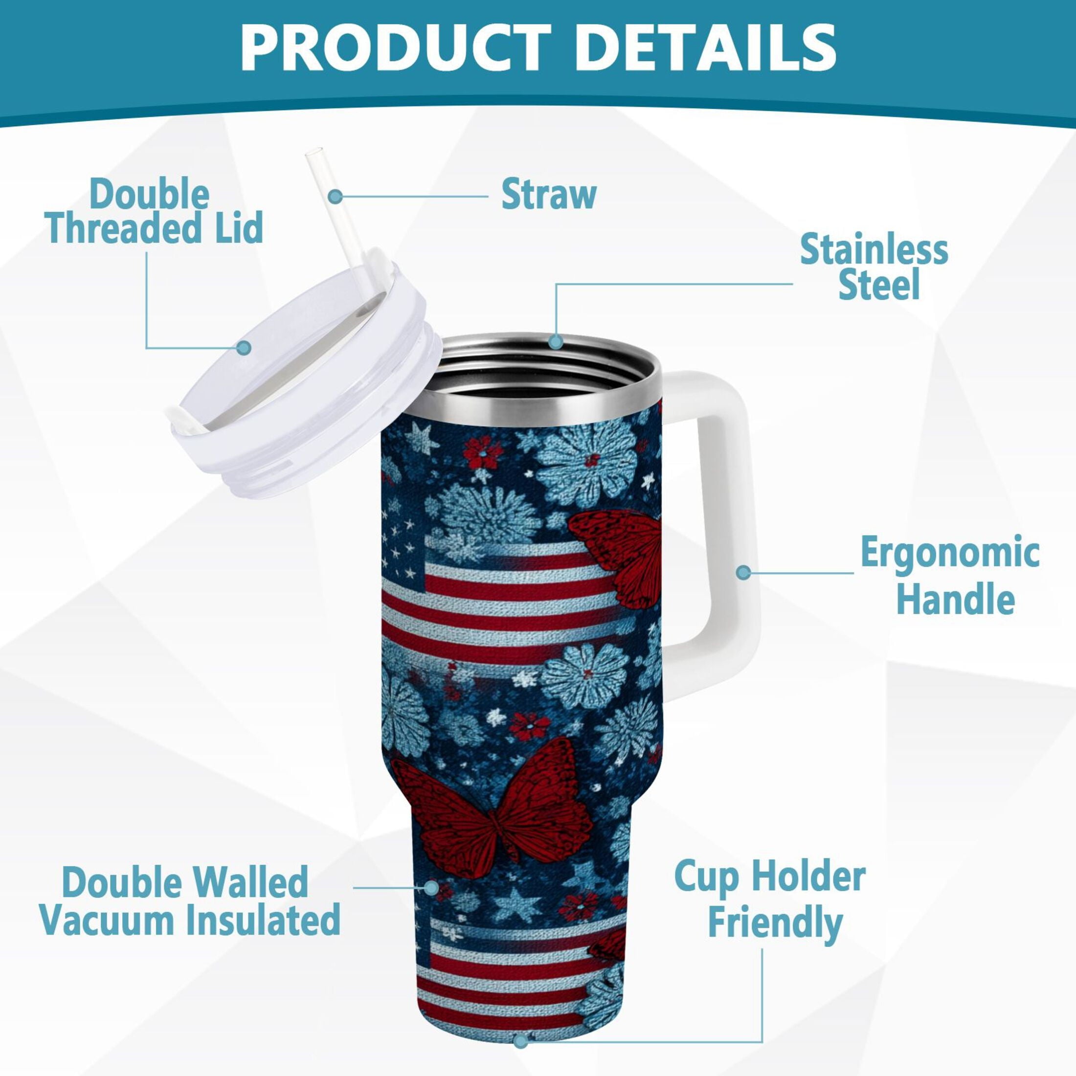 30 oz Insulated Stainless Steel Tumbler Double Wall Stainless Steel Tumbler with 2-Way Drinking Red Butterflies and Flags YLXE