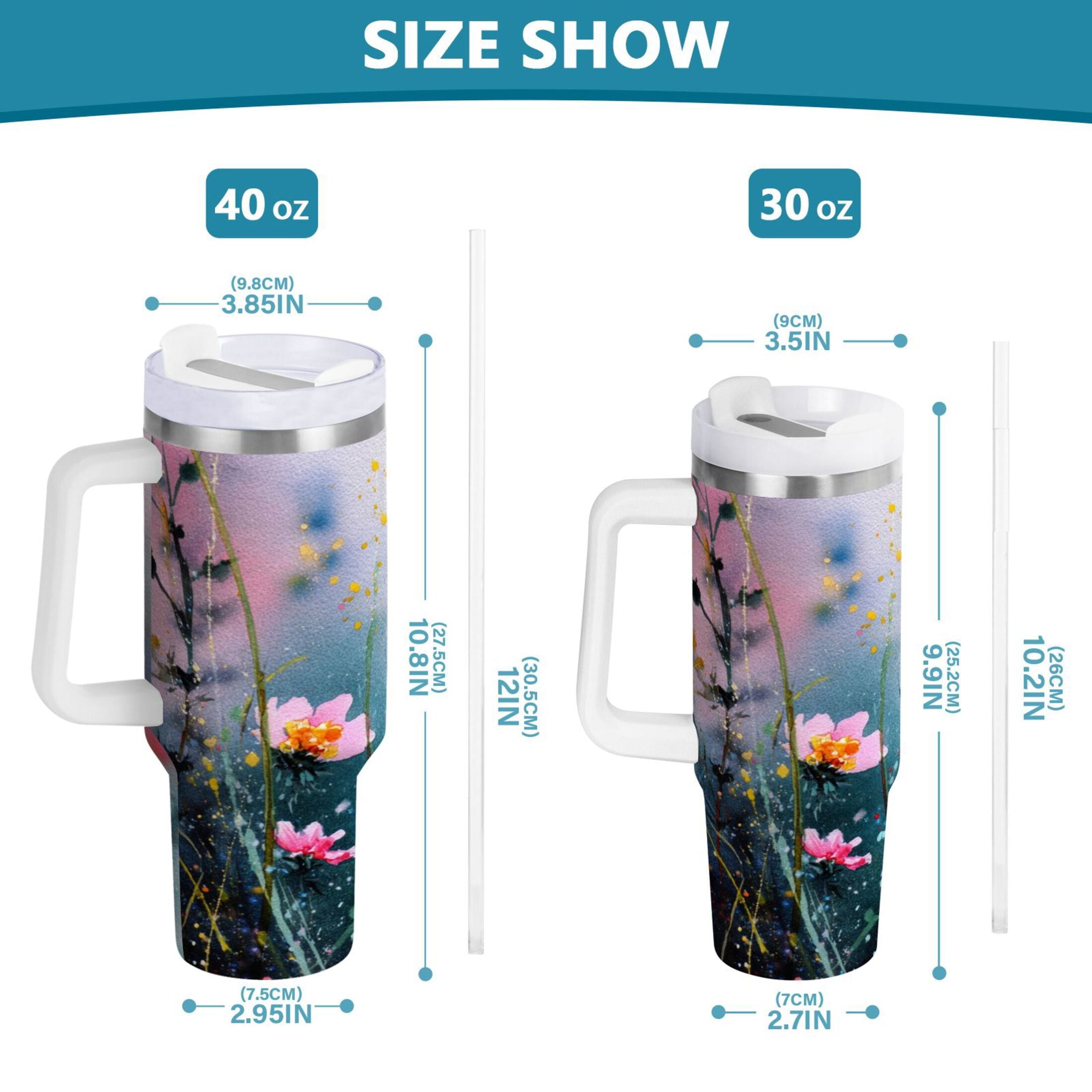 40 oz Insulated Stainless Steel Tumbler Double Wall Stainless Steel Tumbler with 2-Way Drinking Abstract Wildflowers 1CT7