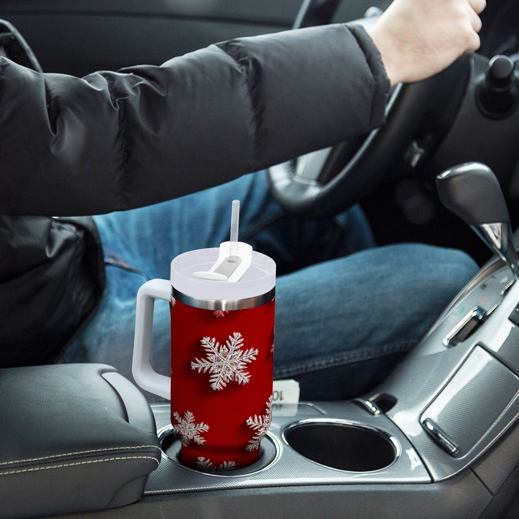 30 oz Insulated Stainless Steel Tumbler Double Wall Stainless Steel Tumbler with 2-Way Drinking Red and White Snowflakes XTAV