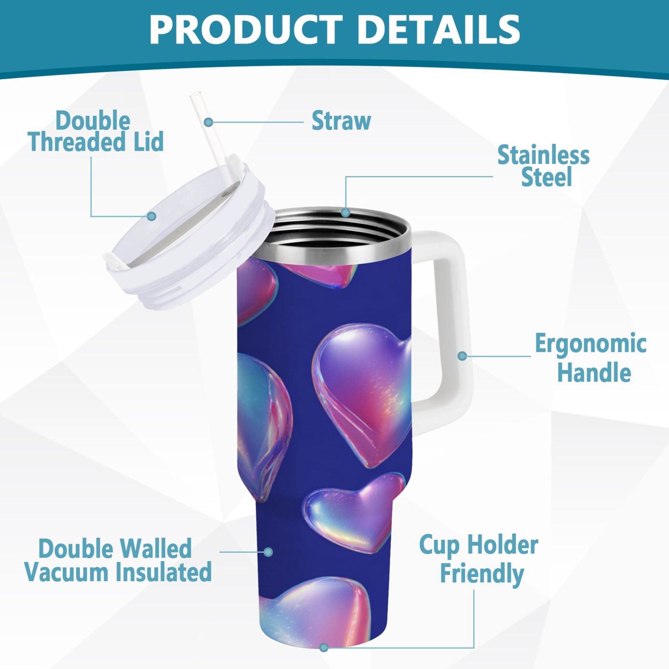 30 oz Insulated Stainless Steel Tumbler Double Wall Stainless Steel Tumbler with 2-Way Drinking Pink-purple Hearts LE3P
