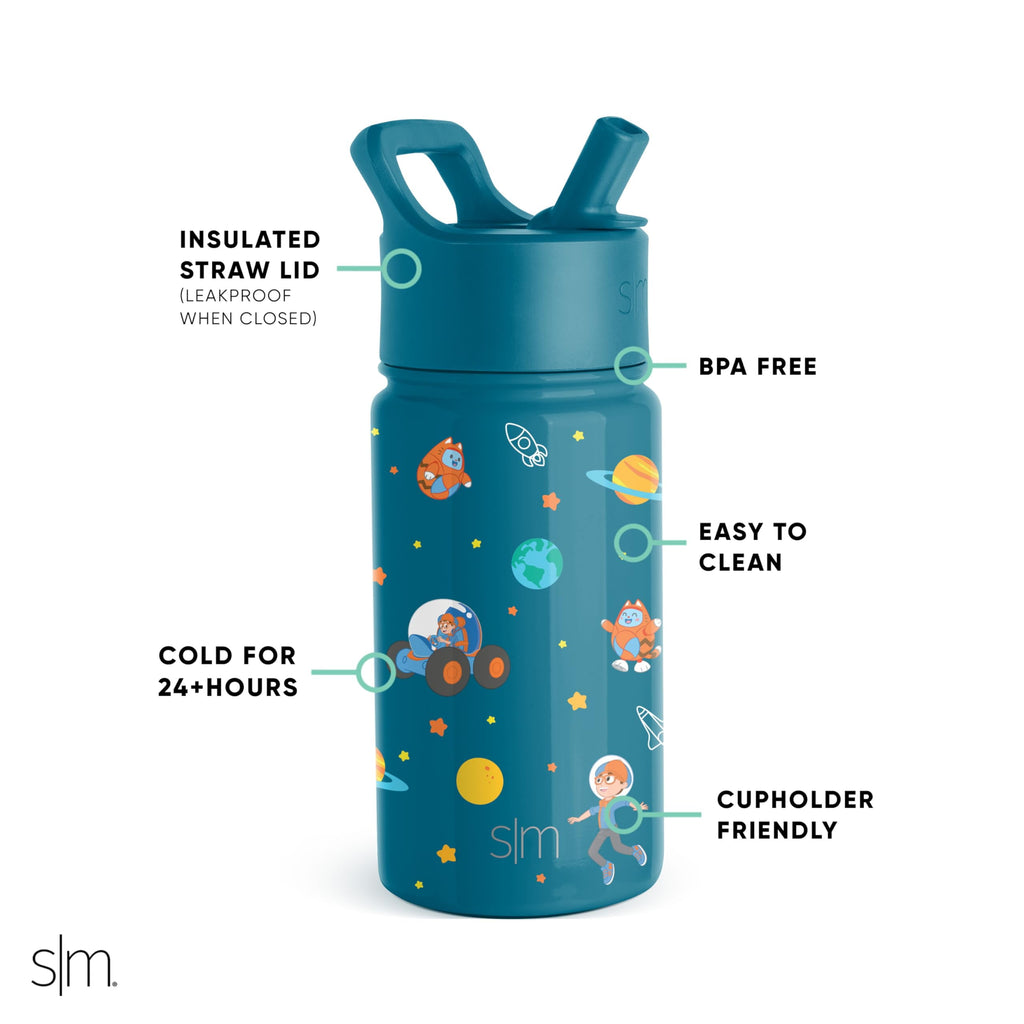 Simple Modern Blippi Kids Water Bottle with Straw Lid | Insulated Stainless Steel Reusable Tumbler for Toddlers, Girls | Summit Collection | 14oz, Blippi Space K6M8