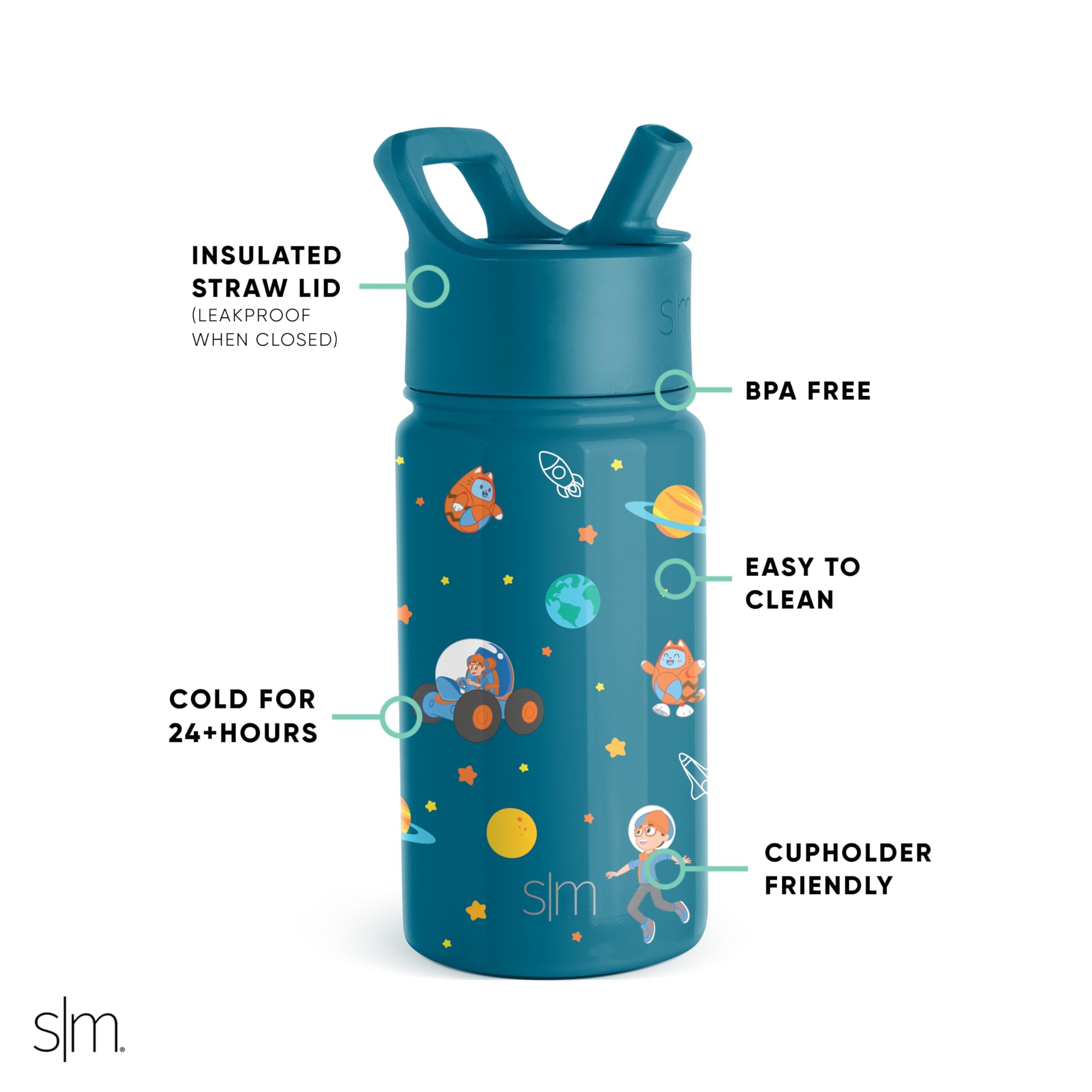 Simple Modern Blippi Kids Water Bottle with Straw Lid | Insulated Stainless Steel Reusable Tumbler for Toddlers, Girls | Summit Collection | 14oz, Blippi Space K6M8