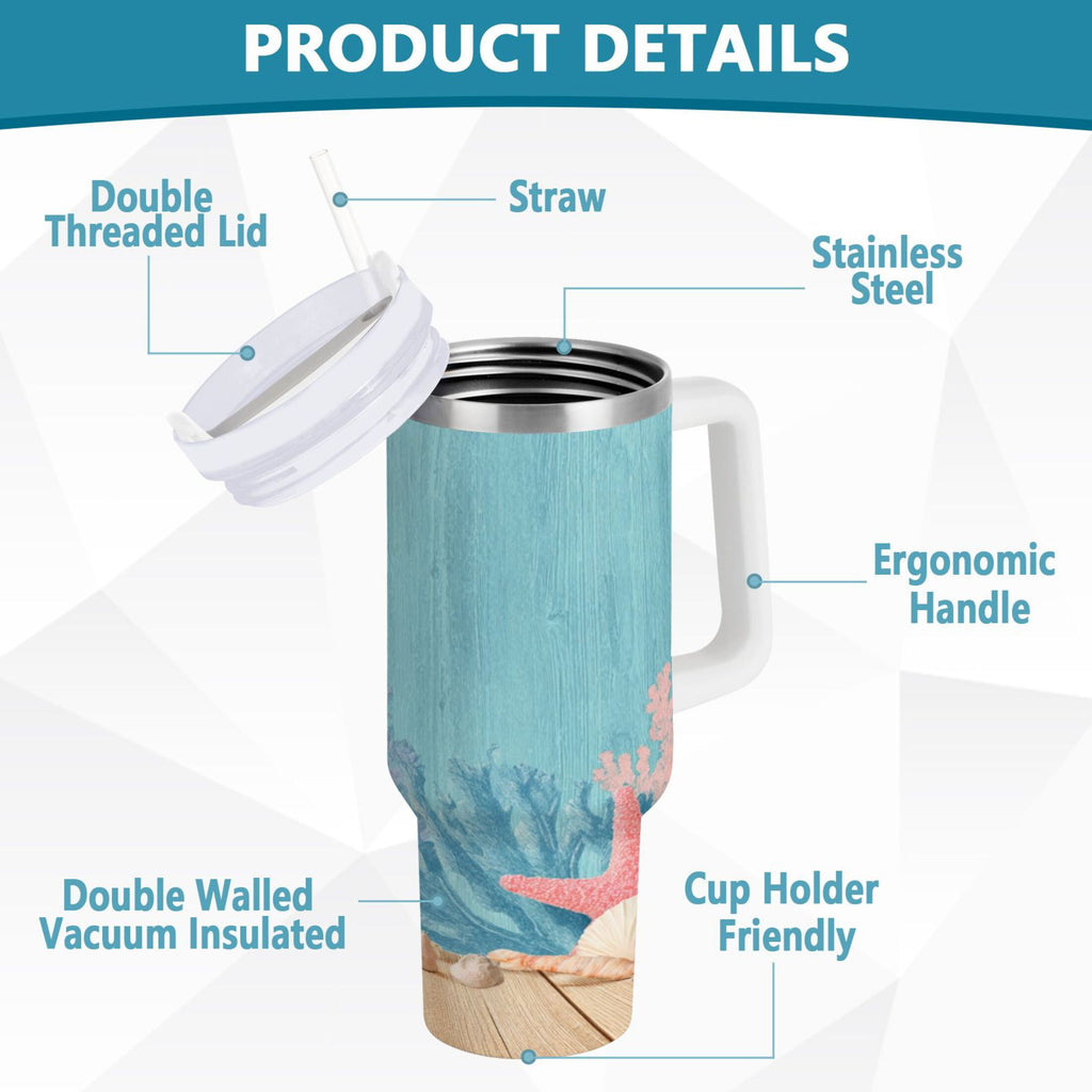 40 oz Insulated Stainless Steel Tumbler Double Wall Stainless Steel Tumbler with 2-Way Drinking Colorful Starfish and Seashells 0MXI