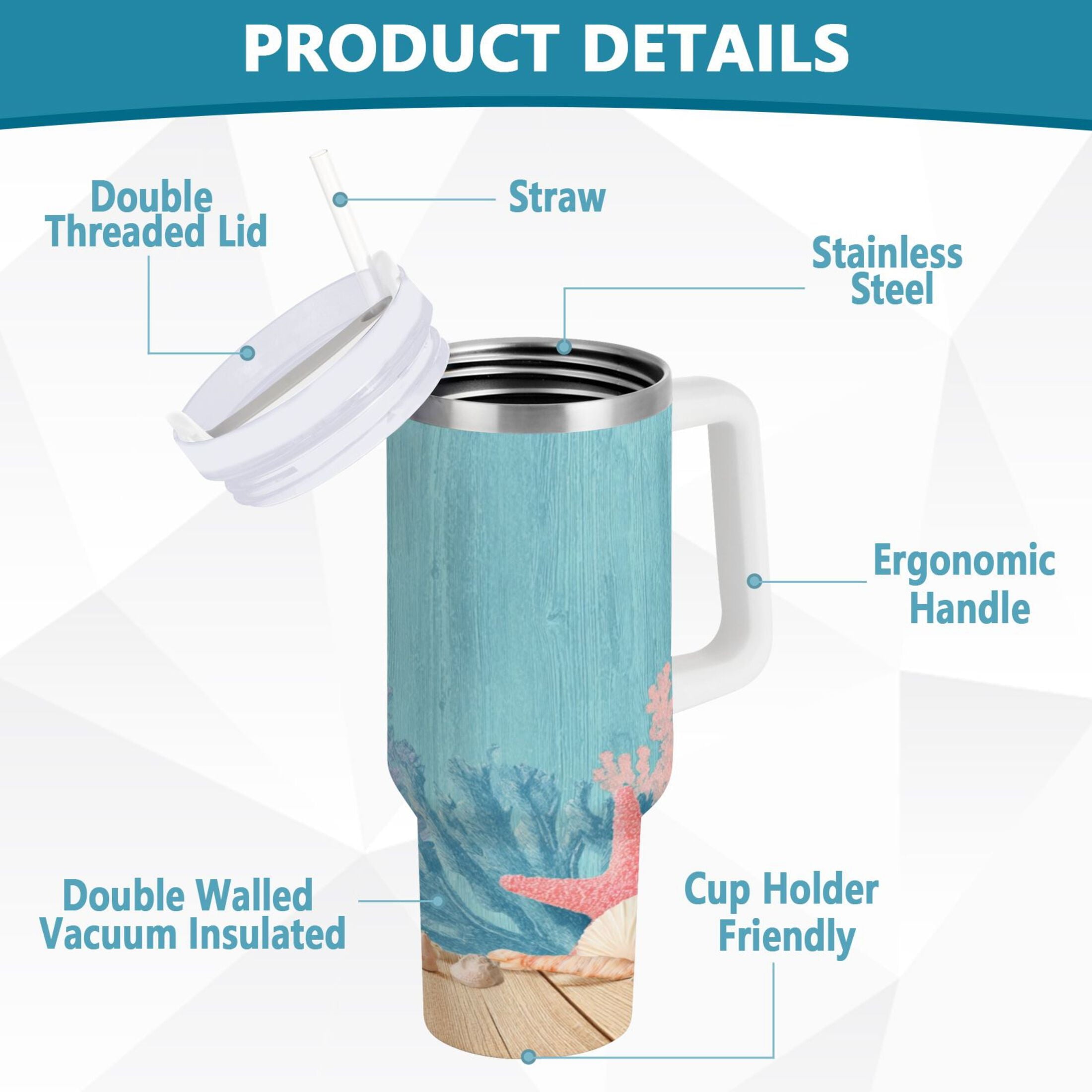 40 oz Insulated Stainless Steel Tumbler Double Wall Stainless Steel Tumbler with 2-Way Drinking Colorful Starfish and Seashells 0MXI