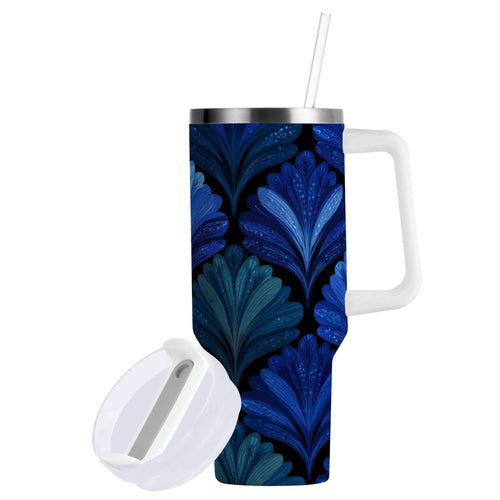 30 oz Insulated Stainless Steel Tumbler Double Wall Stainless Steel Tumbler with 2-Way Drinking Blue Batik Leaves Pattern ERED