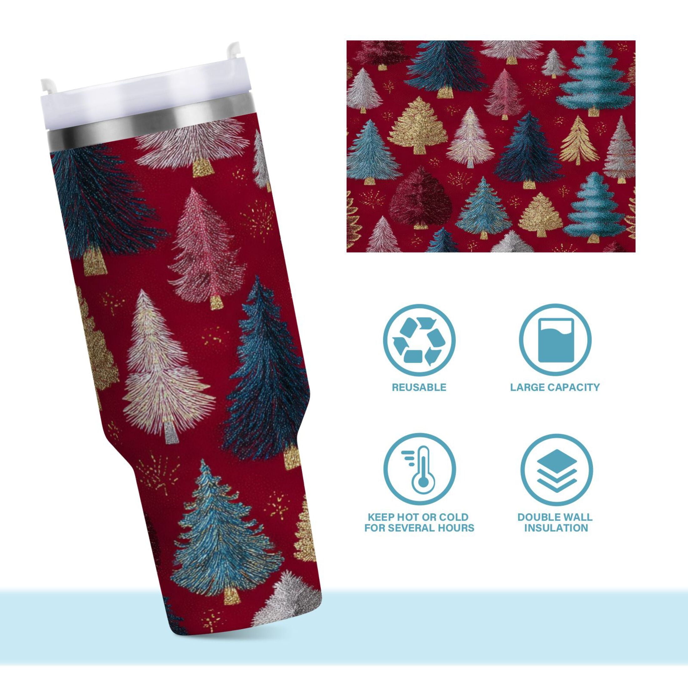 30 oz Insulated Stainless Steel Tumbler Double Wall Stainless Steel Tumbler with 2-Way Drinking Stylized Christmas Trees AKCX