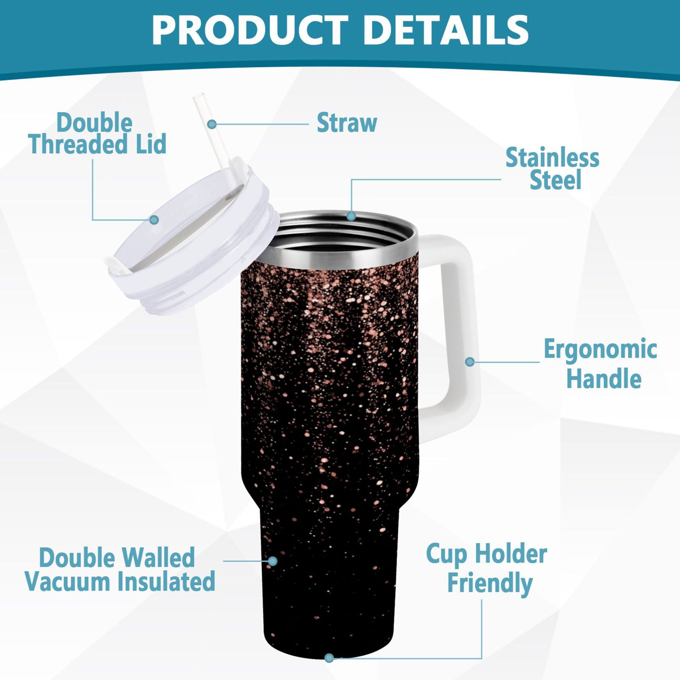 40 oz Insulated Stainless Steel Tumbler Double Wall Stainless Steel Tumbler with 2-Way Drinking Rose Gold Glitter Z5NQ