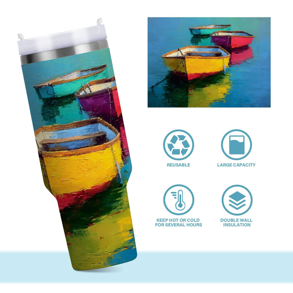 30 oz Insulated Stainless Steel Tumbler Double Wall Stainless Steel Tumbler with 2-Way Drinking Colorful Row Boats O5UI