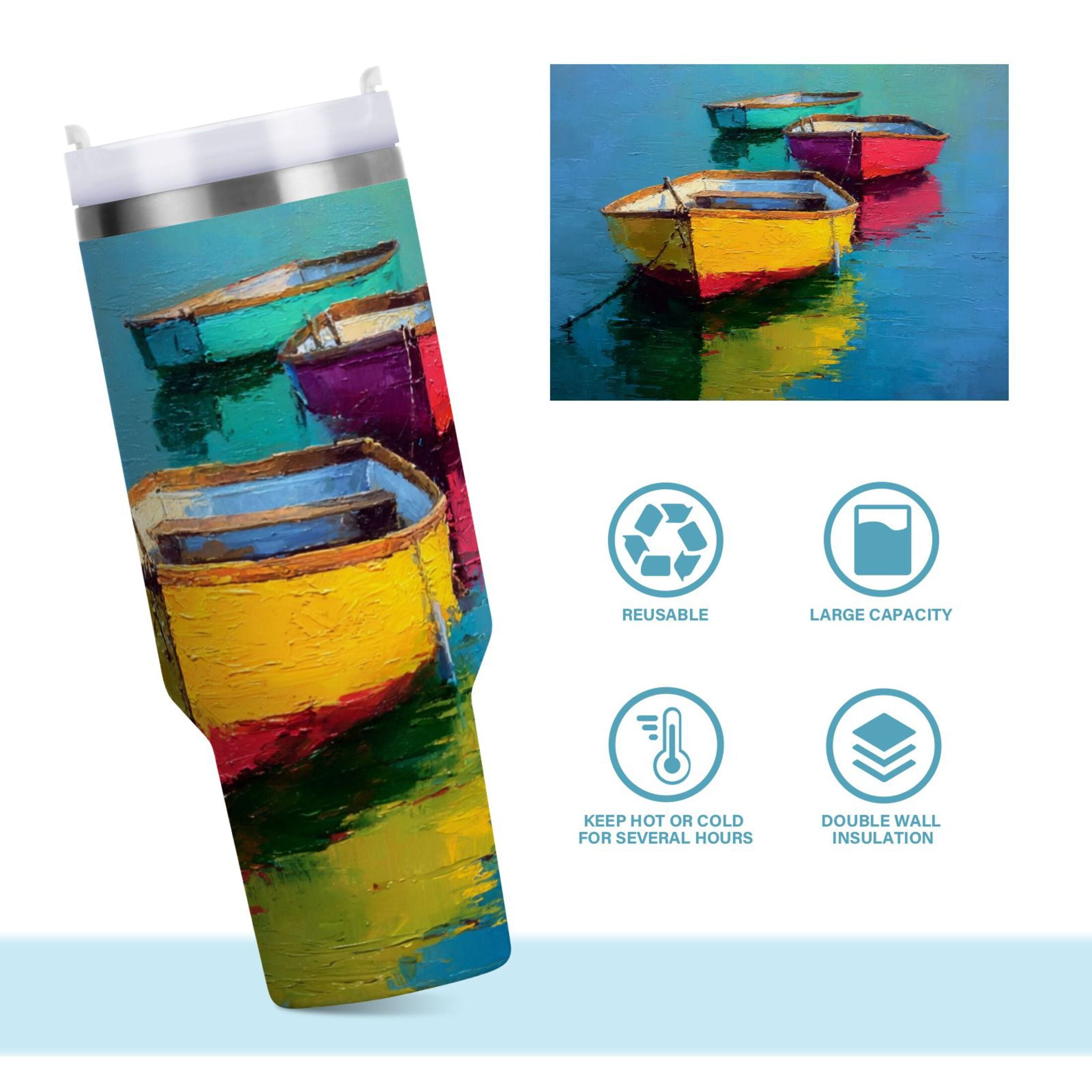 30 oz Insulated Stainless Steel Tumbler Double Wall Stainless Steel Tumbler with 2-Way Drinking Colorful Row Boats O5UI