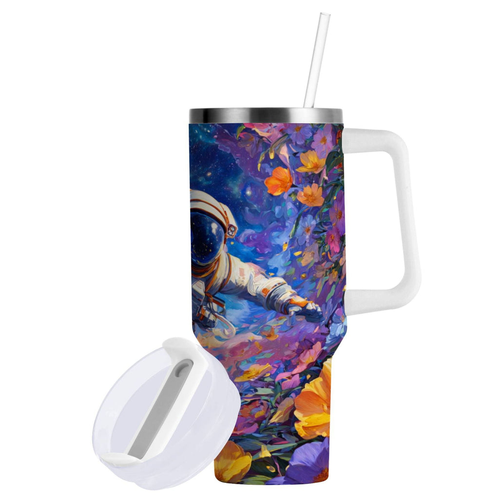 40 oz Insulated Stainless Steel Tumbler Double Wall Stainless Steel Tumbler with 2-Way Drinking Astronaut and Colorful Flowers YQOR