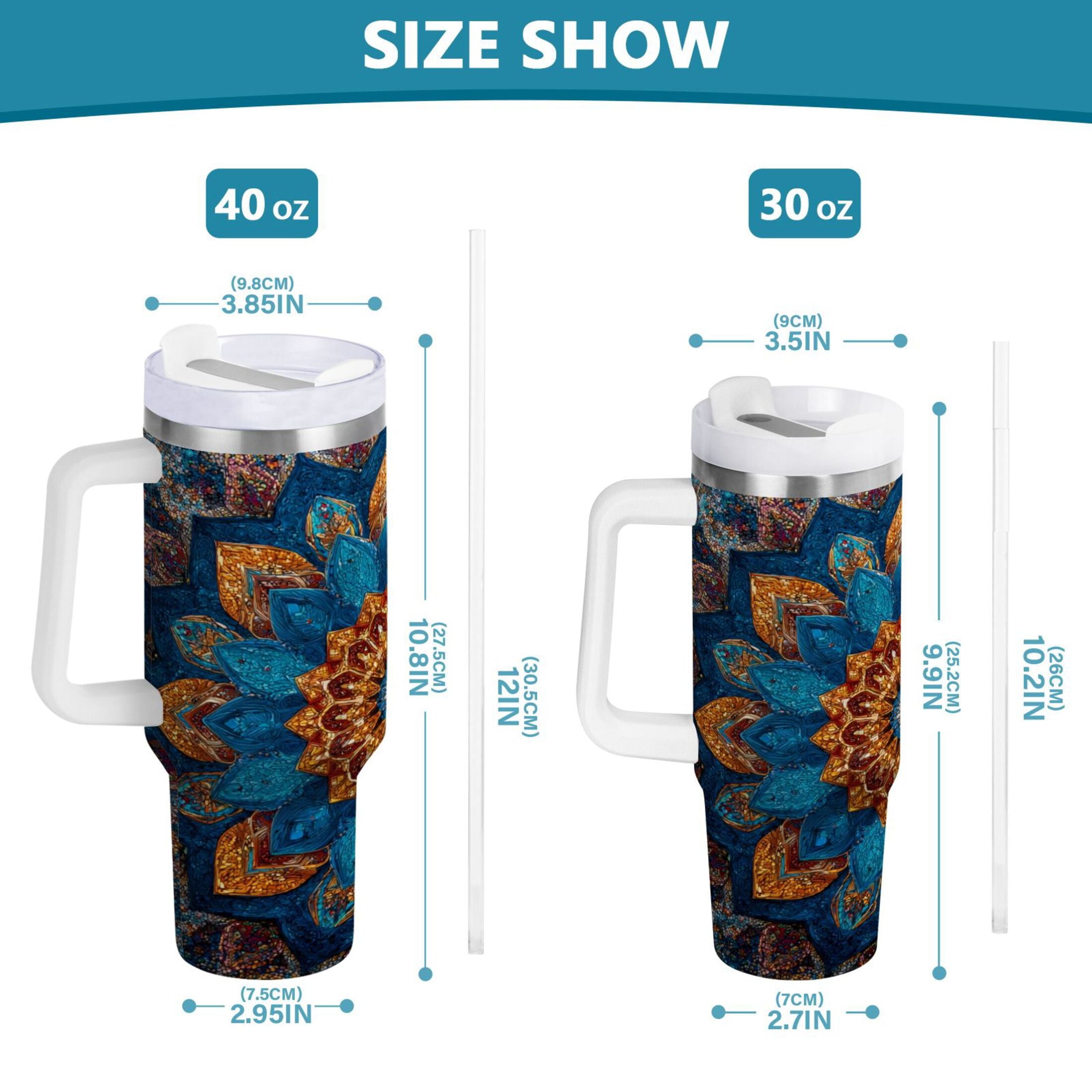 40 oz Insulated Stainless Steel Tumbler Double Wall Stainless Steel Tumbler with 2-Way Drinking Intricate Geometric Shapes CTOY
