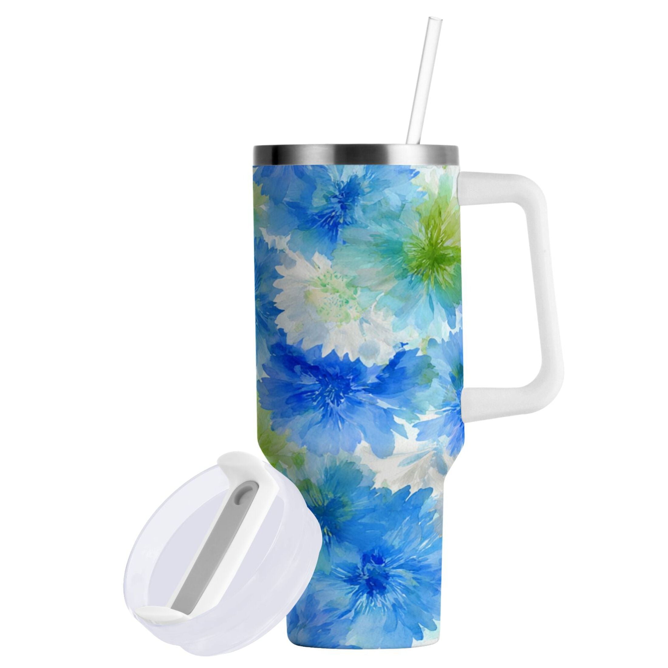 40 oz Insulated Stainless Steel Tumbler Double Wall Stainless Steel Tumbler with 2-Way Drinking Watercolor Blue Cornflowers T6OD