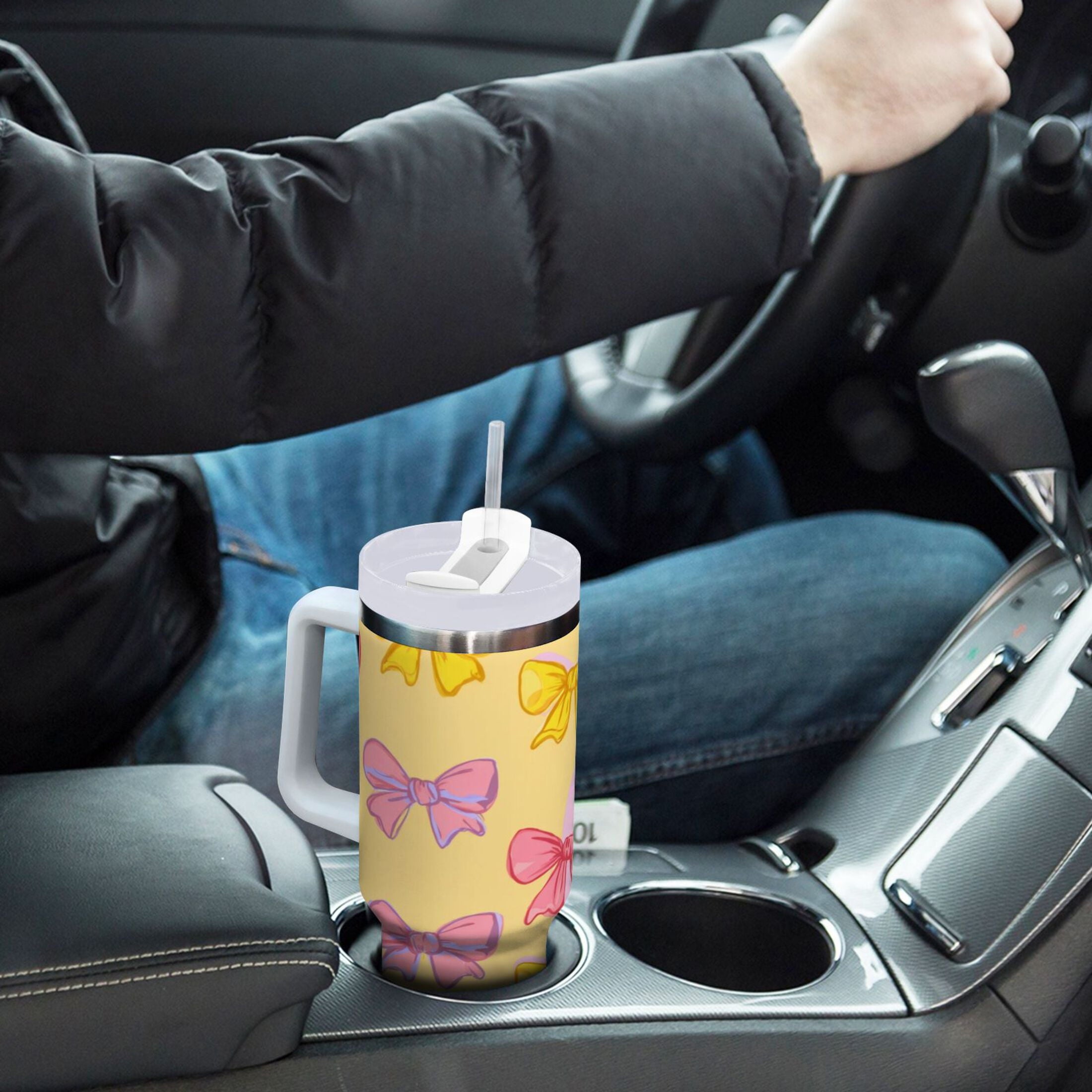 30 oz Insulated Stainless Steel Tumbler Double Wall Stainless Steel Tumbler with 2-Way Drinking Yellow and Pink Bows RW6H