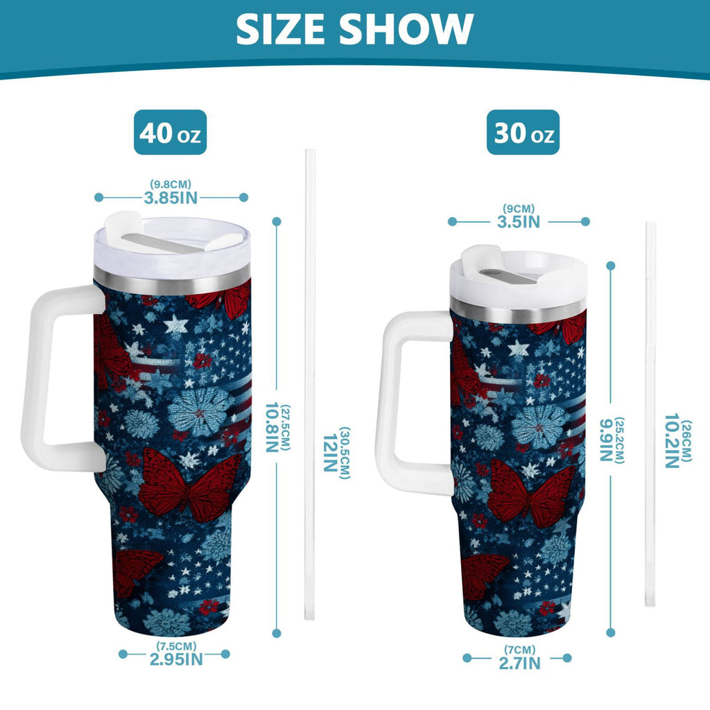 30 oz Insulated Stainless Steel Tumbler Double Wall Stainless Steel Tumbler with 2-Way Drinking Red Butterflies and Flags YLXE