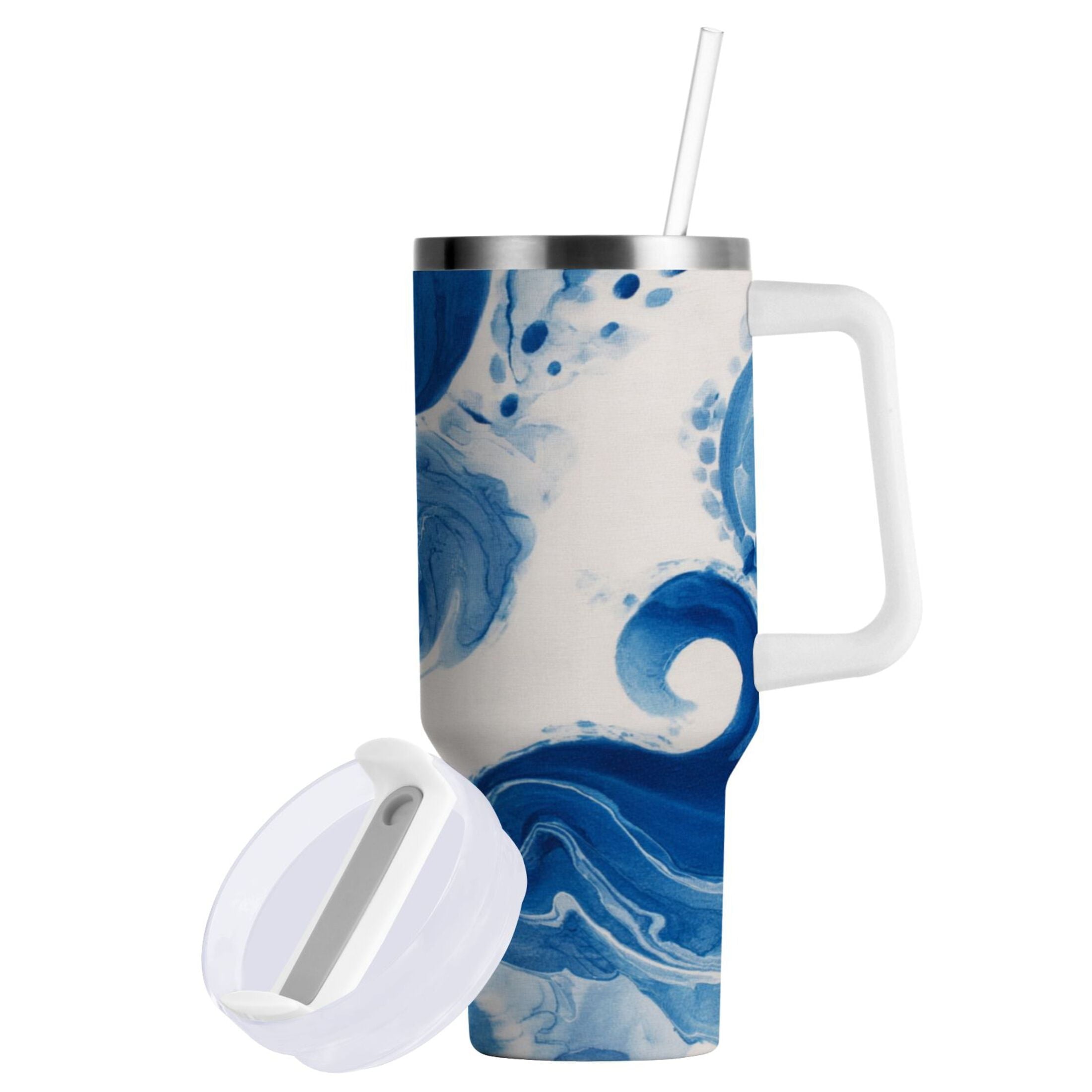 40 oz Insulated Stainless Steel Tumbler Double Wall Stainless Steel Tumbler with 2-Way Drinking Indigo Blue Tie-dye Pattern 12BO