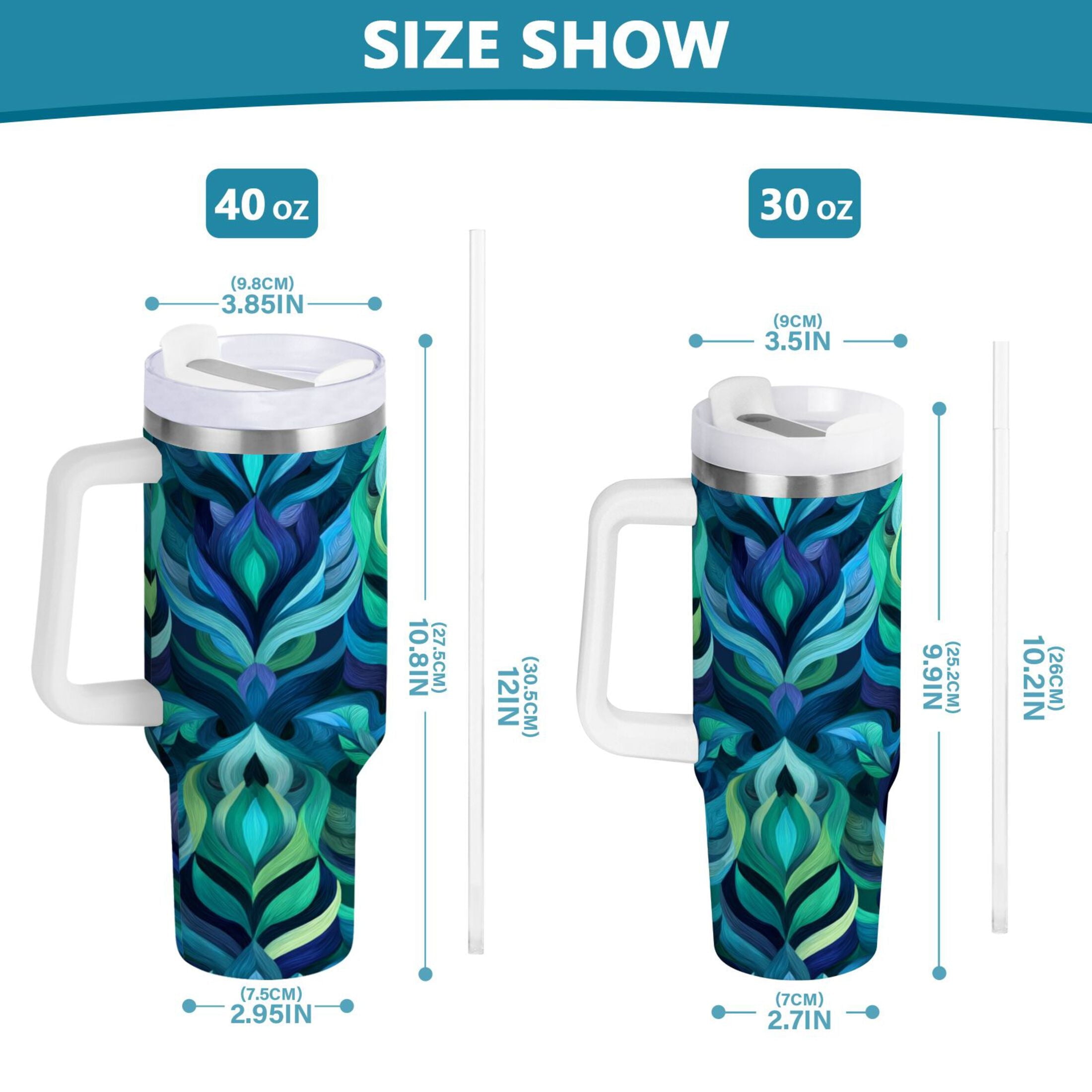40 oz Insulated Stainless Steel Tumbler Double Wall Stainless Steel Tumbler with 2-Way Drinking Elegant Blue Abstract Shapes 0AR8