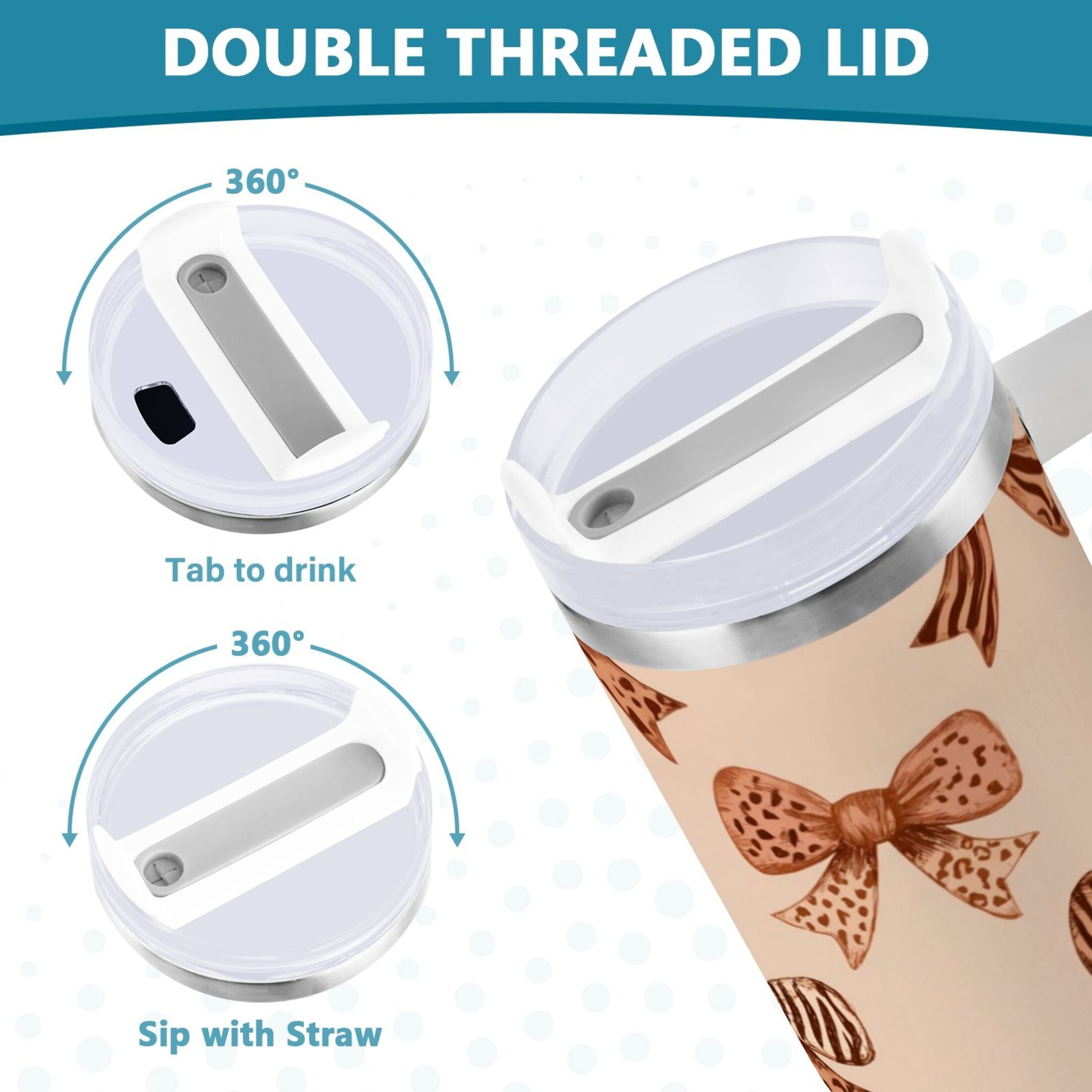 40 oz Insulated Stainless Steel Tumbler Double Wall Stainless Steel Tumbler with 2-Way Drinking Leopard Print Bow 6MEA