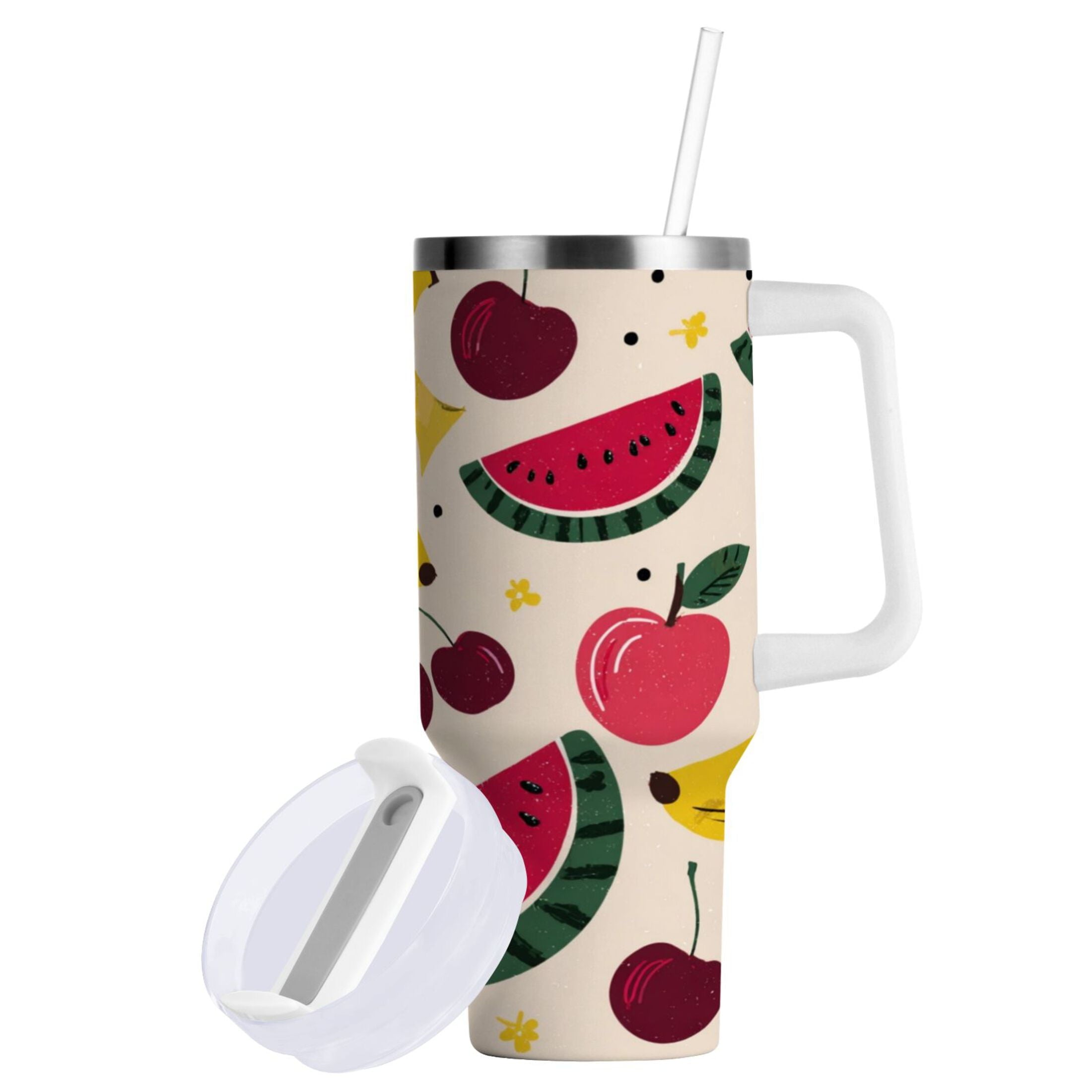 30 oz Insulated Stainless Steel Tumbler Double Wall Stainless Steel Tumbler with 2-Way Drinking Watermelon and Cherries EDV0