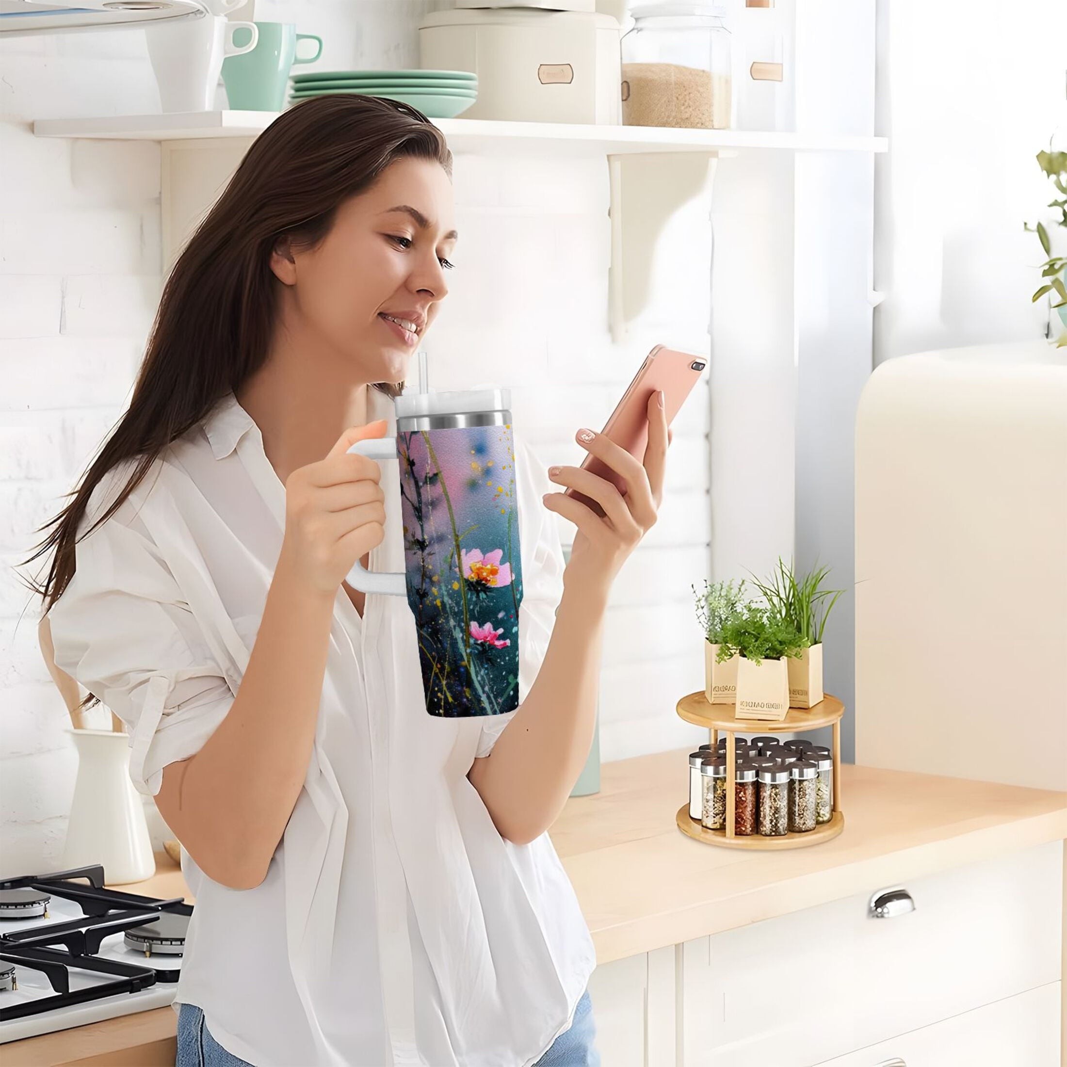 40 oz Insulated Stainless Steel Tumbler Double Wall Stainless Steel Tumbler with 2-Way Drinking Abstract Wildflowers 1CT7